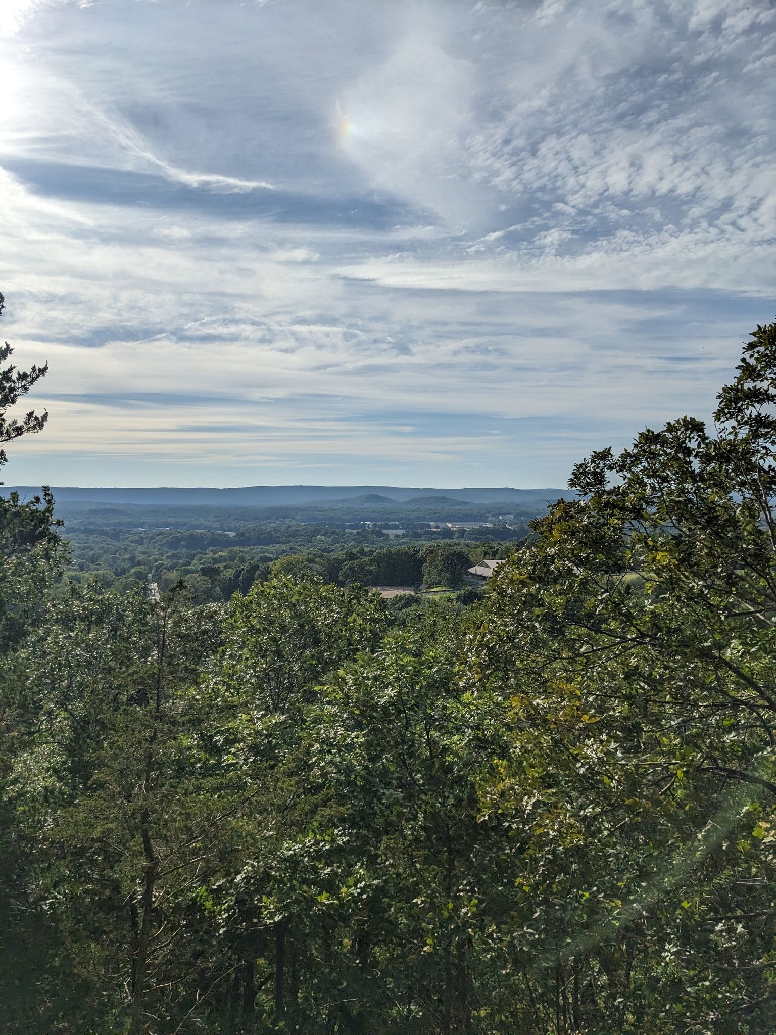 Expansive view over a lush green forest and distant hills under a bright sky. - Hatchett Hill – Laurel Hill loop from Hallview I Open Space