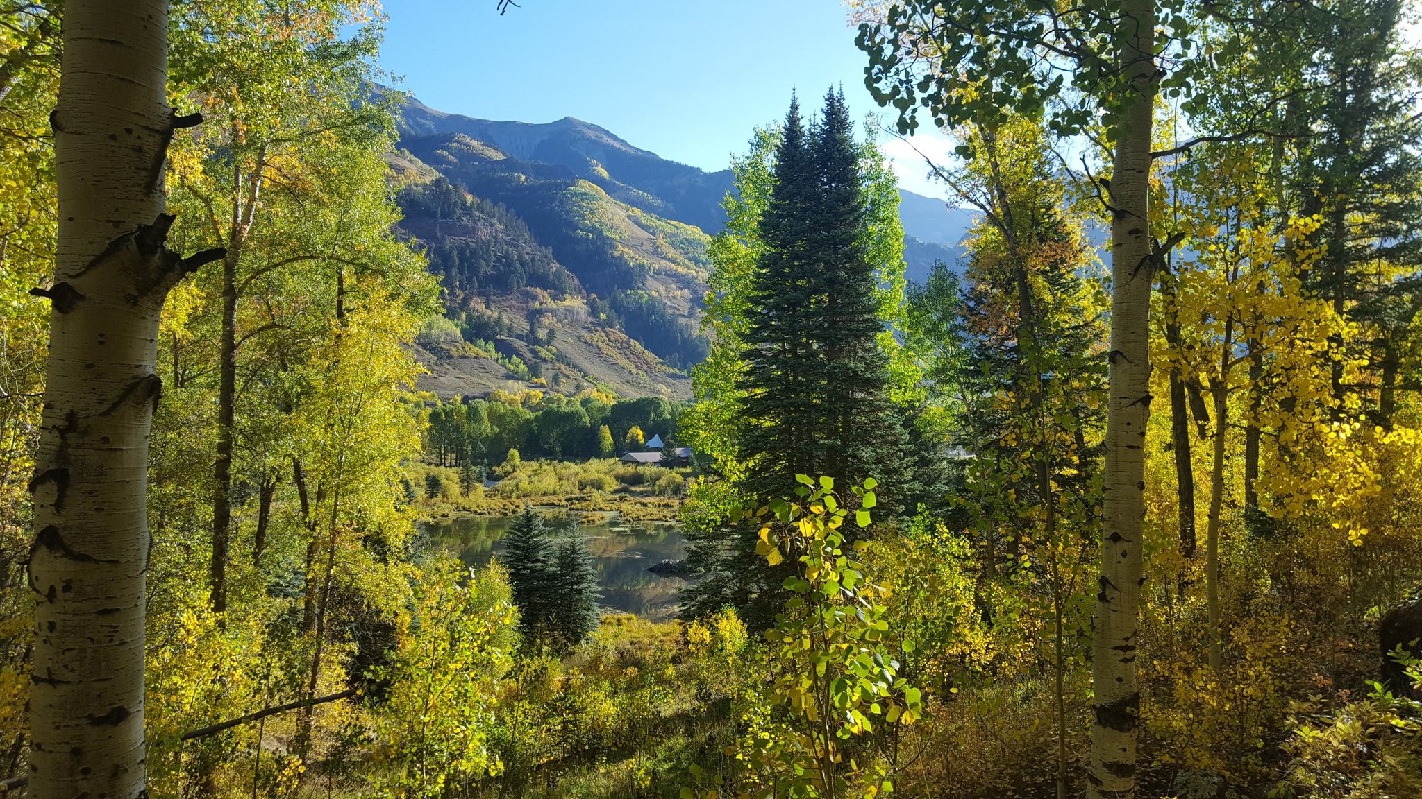 Sunny view of a lake nestled among vibrant autumn trees and mountains. - Bear Creek Trail