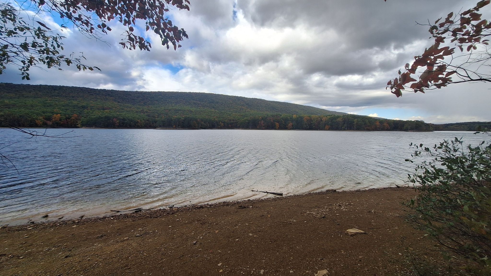 Wide lake with forested hills under a cloudy sky, sandy shore. - Lakeside Loop Trail