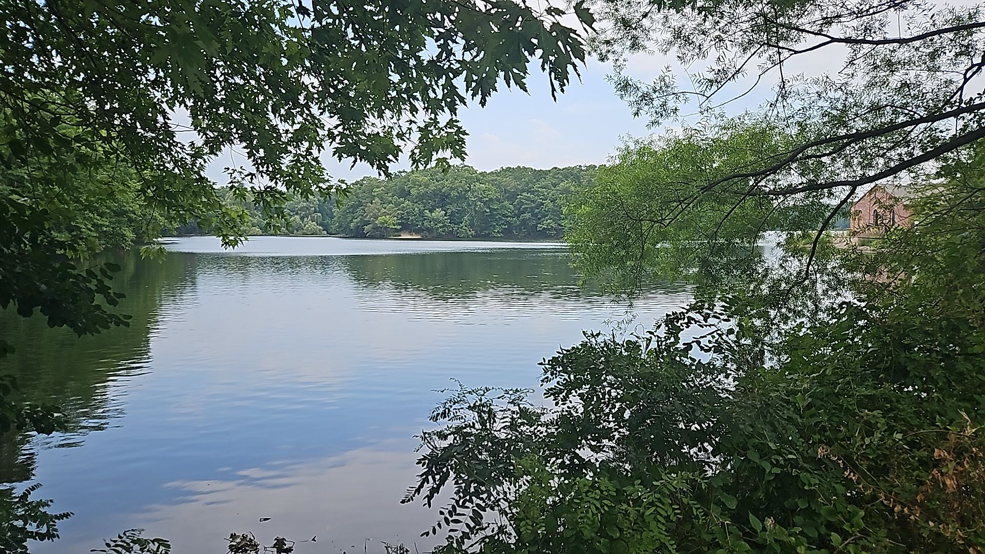 Serene lake framed by green trees under an overcast sky. - Horn Pond Trail