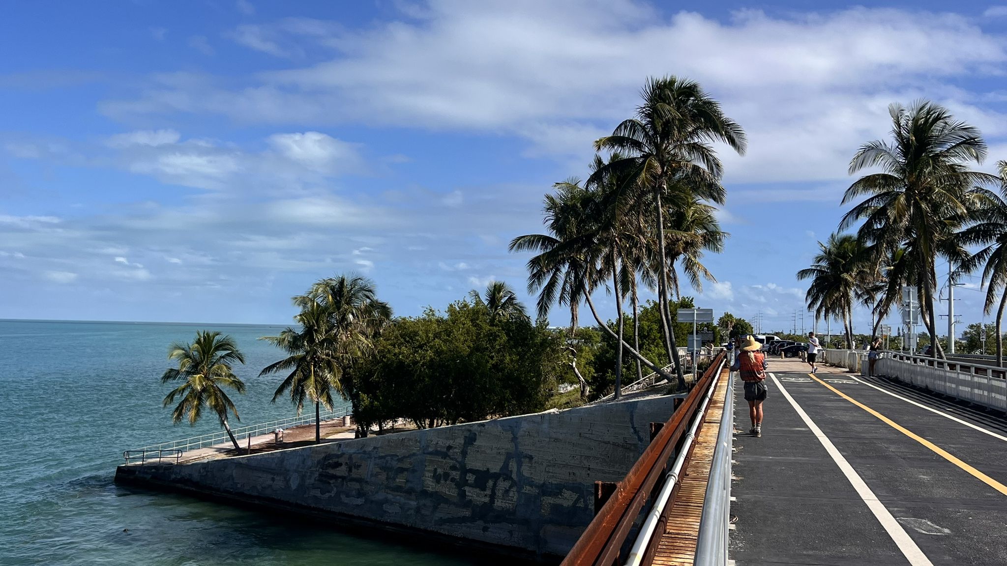 Person walks on a bridge beside palm trees and blue ocean under a cloudy sky. - Old 7-Mile-Bridge 🚴 🏃 🛼 loop from Knights Key