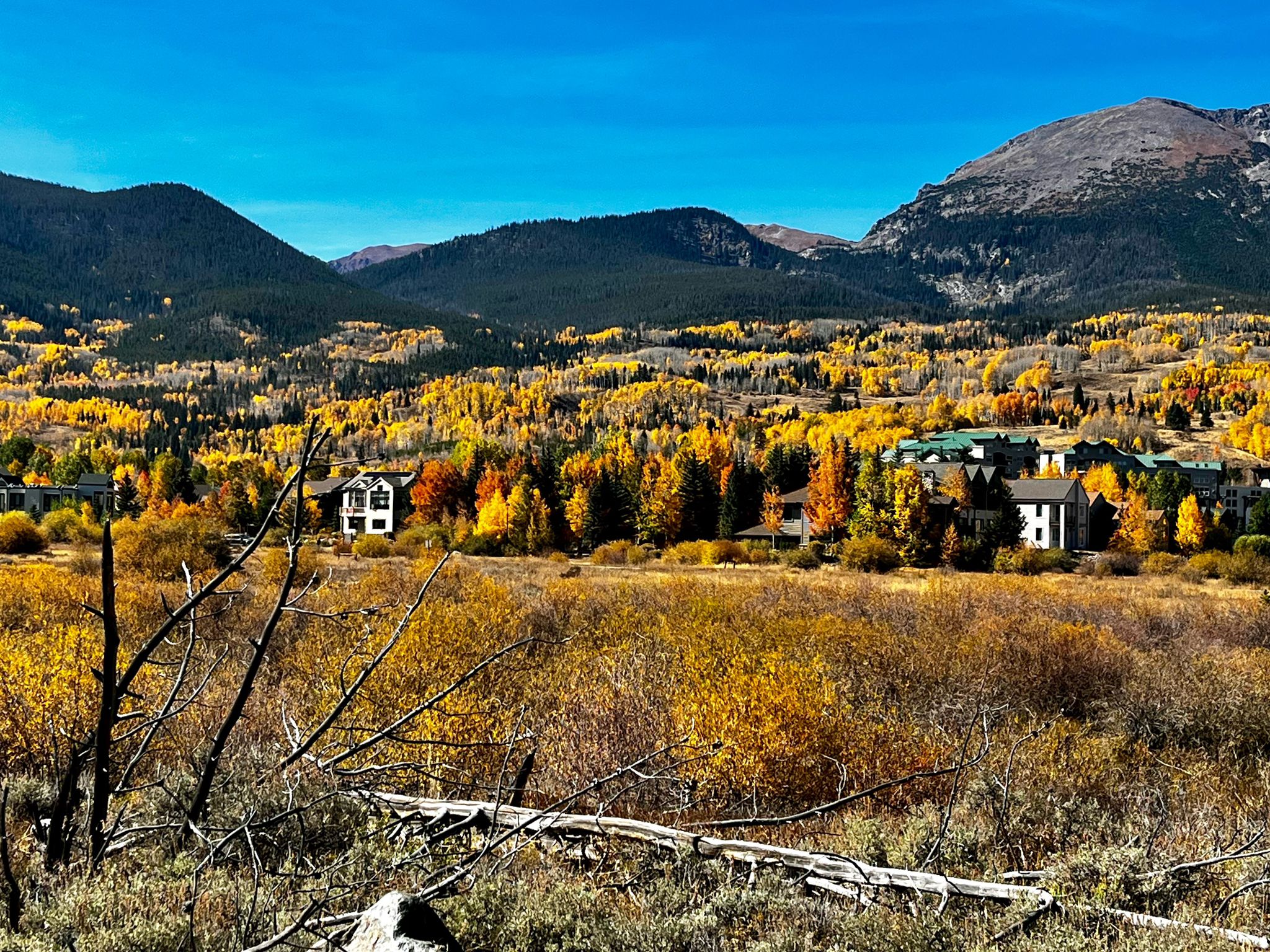 Sunny autumn valley with houses nestled among golden trees and distant mountains. - Dillon Reservoir Recpath Loop