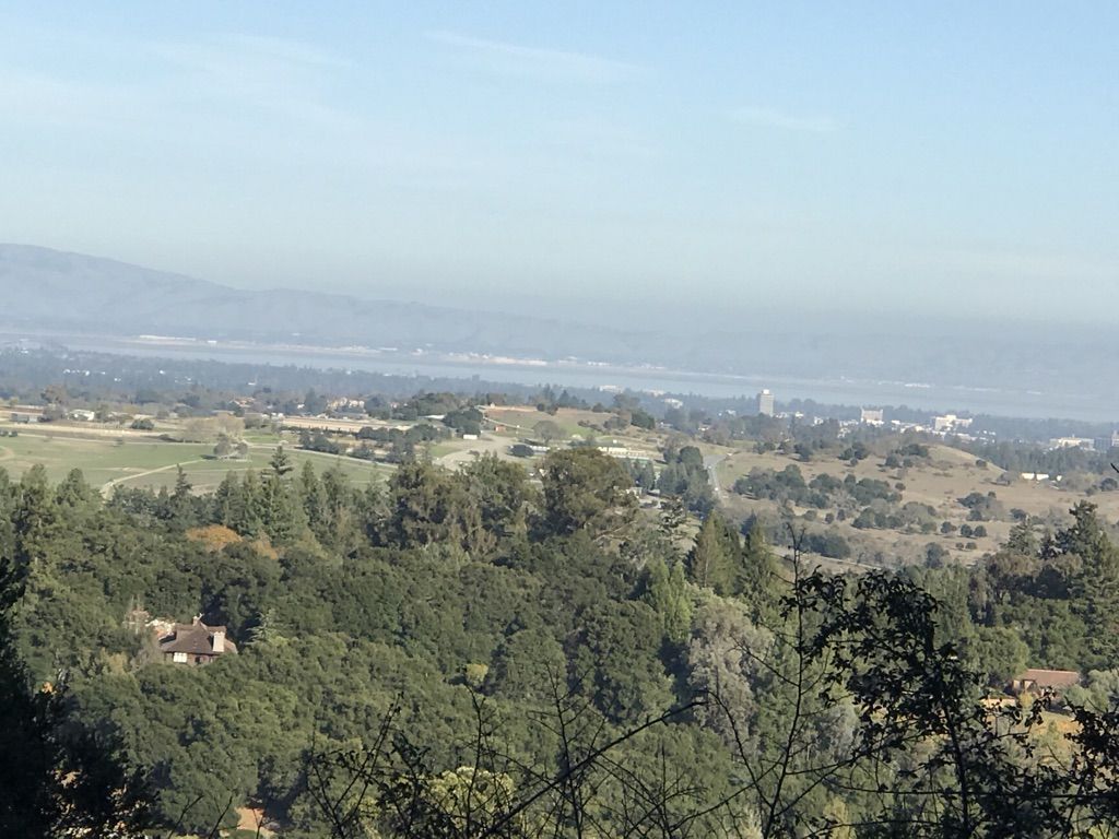 Wide view of a hazy valley with distant water and hills, green trees. - Bear Gulch Trail – Alambique Trail loop from Wunderlich County Park