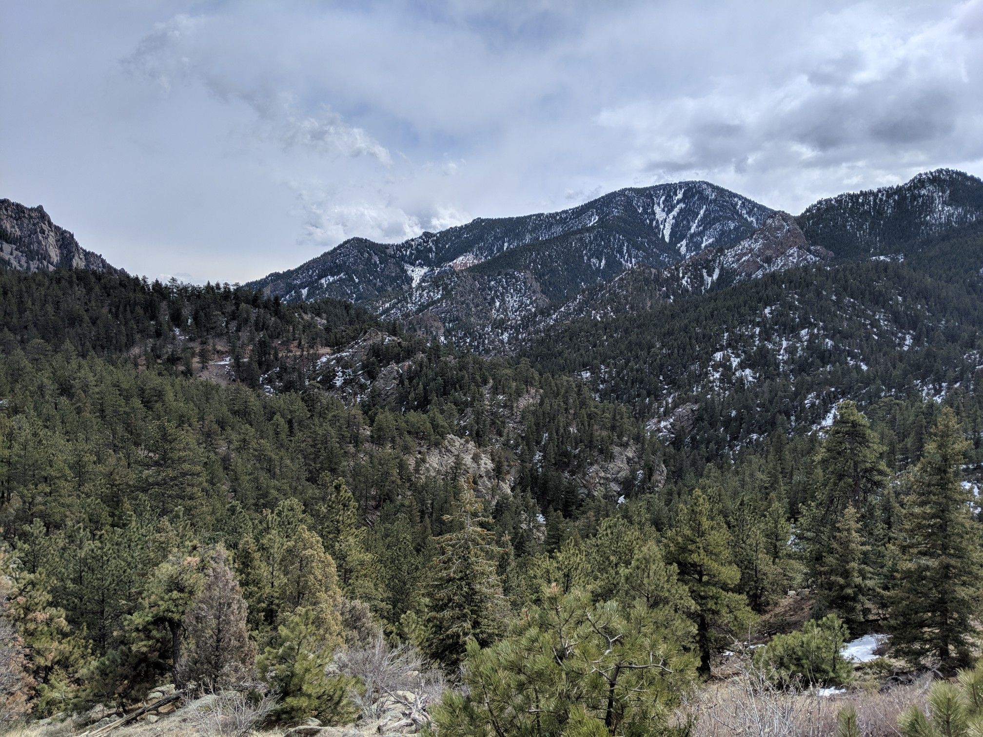 Distant snow-capped mountains rise above a vast evergreen forest under a cloudy sky. - Walker Ranch Loop – Walker Ranch Loop Trailhead loop from Walker Ranch Homestead