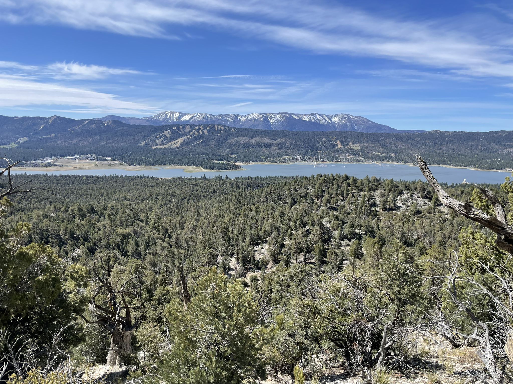 A vast forest and lake under a blue sky, with distant snow-capped mountains. - Cougar Crest Trailhead – Cougar Crest Trail loop from Big Bear City