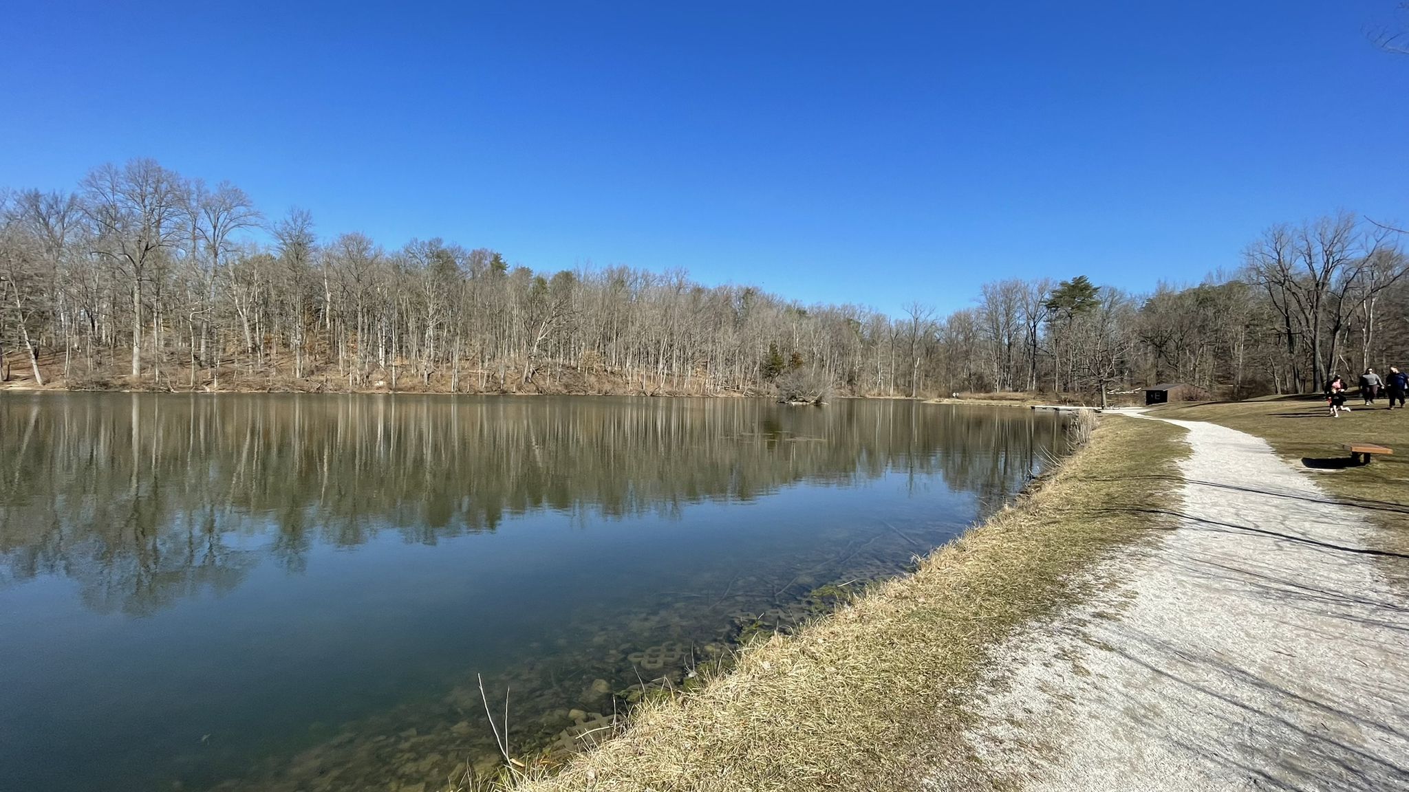 A calm lake reflects a bare winter forest under a clear blue sky. - Eagle Creek Volksmarch and South Overlook Loop