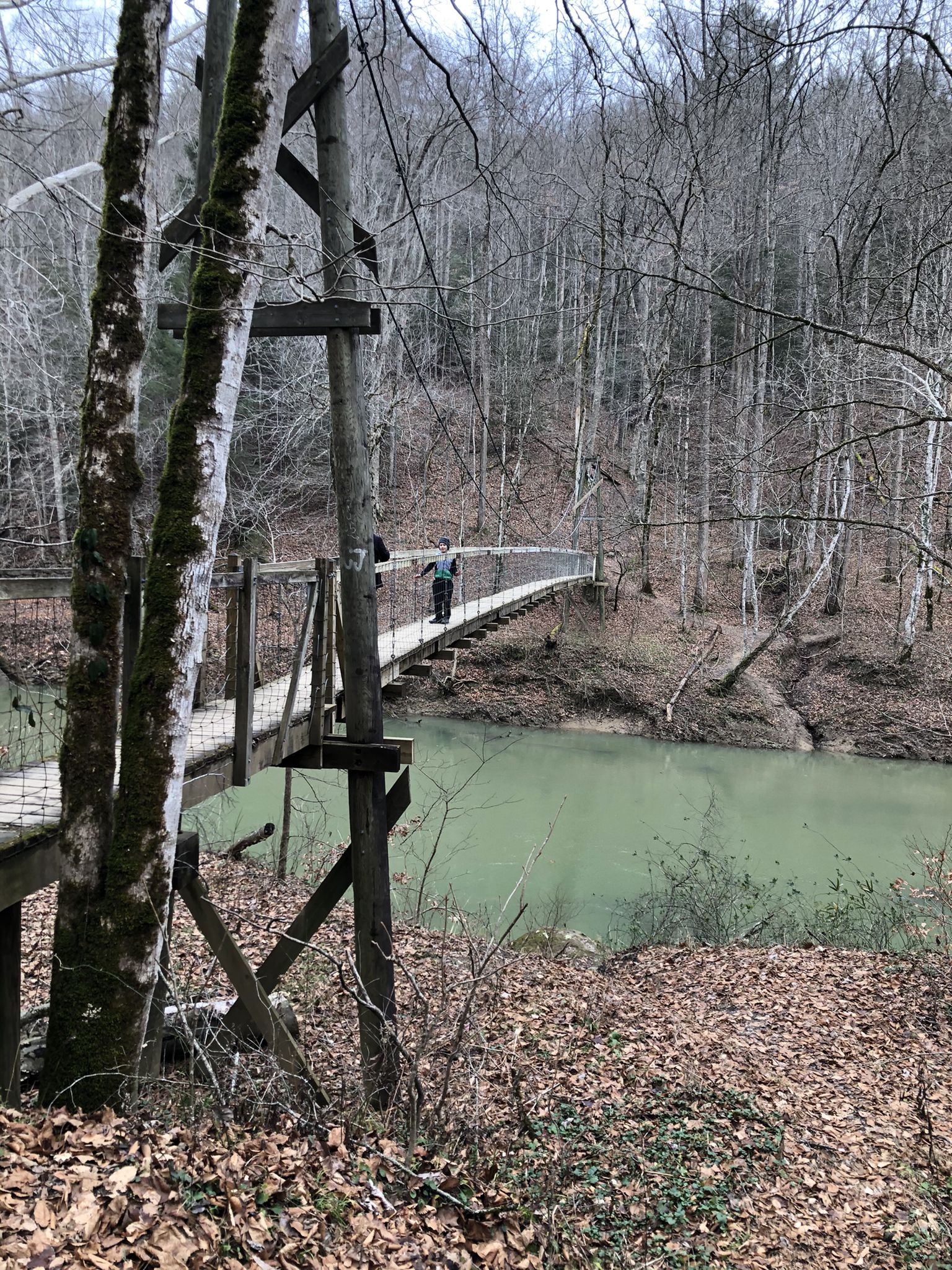 A person walks across a suspension bridge over a river in a bare forest. - Sheltowee Trace NRT Section 13