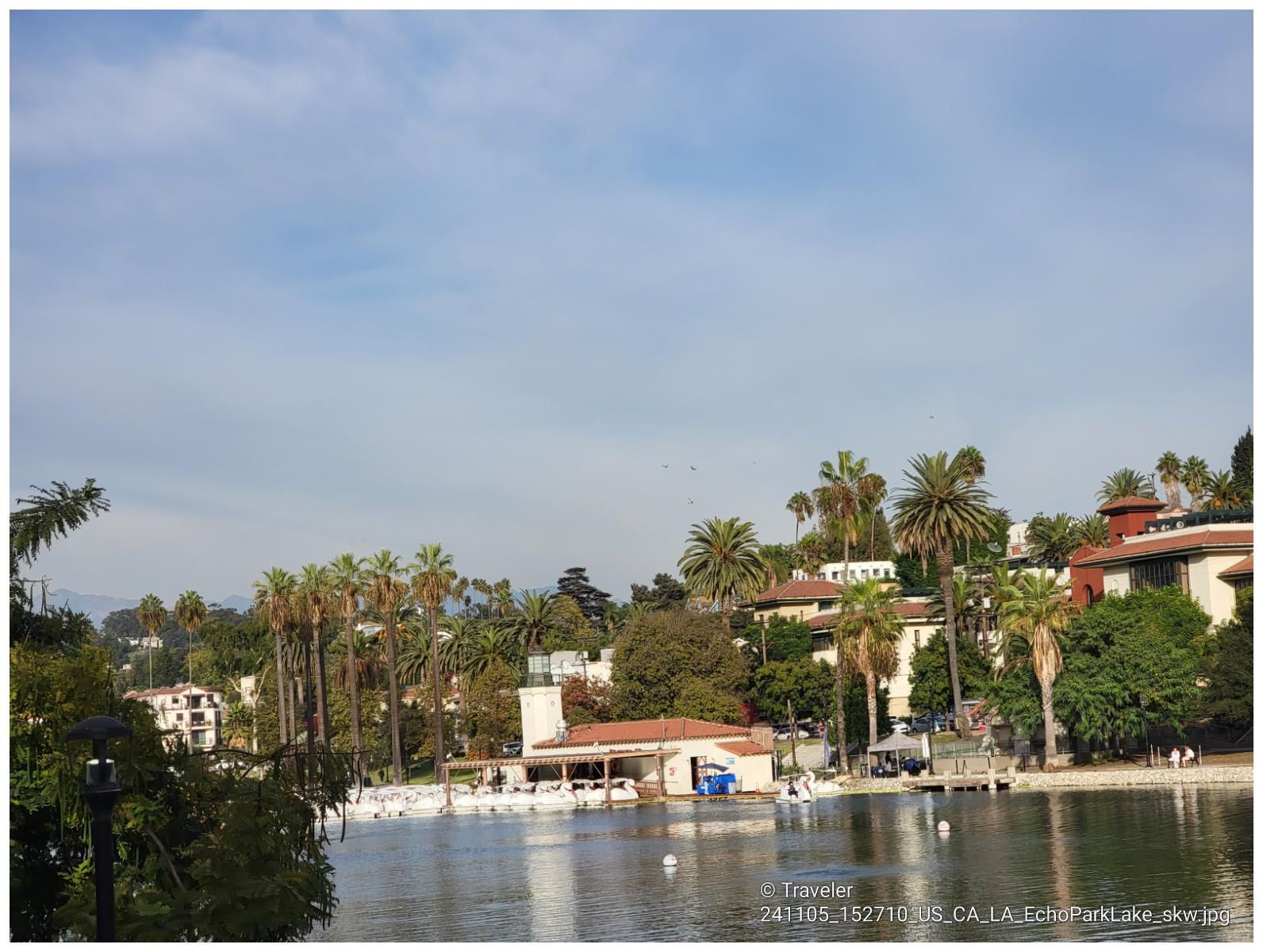 Lakeside view with a boathouse, many palm trees, and distant buildings. - The Grand LA – Walt Disney Concert Hall loop from Dodger Stadium