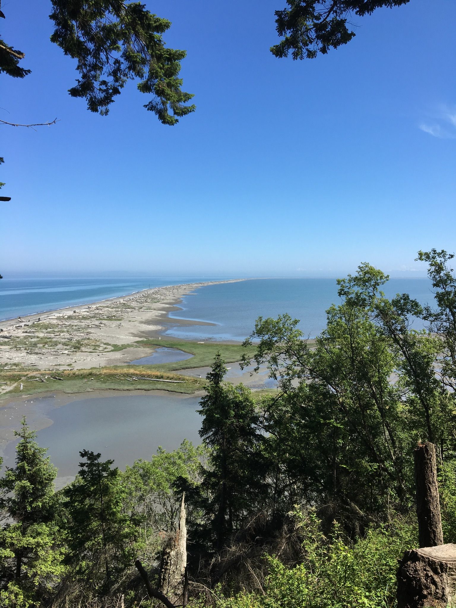 Panoramic view of a long, narrow sandy spit from a forested hillside. - Primitive Trail Loop