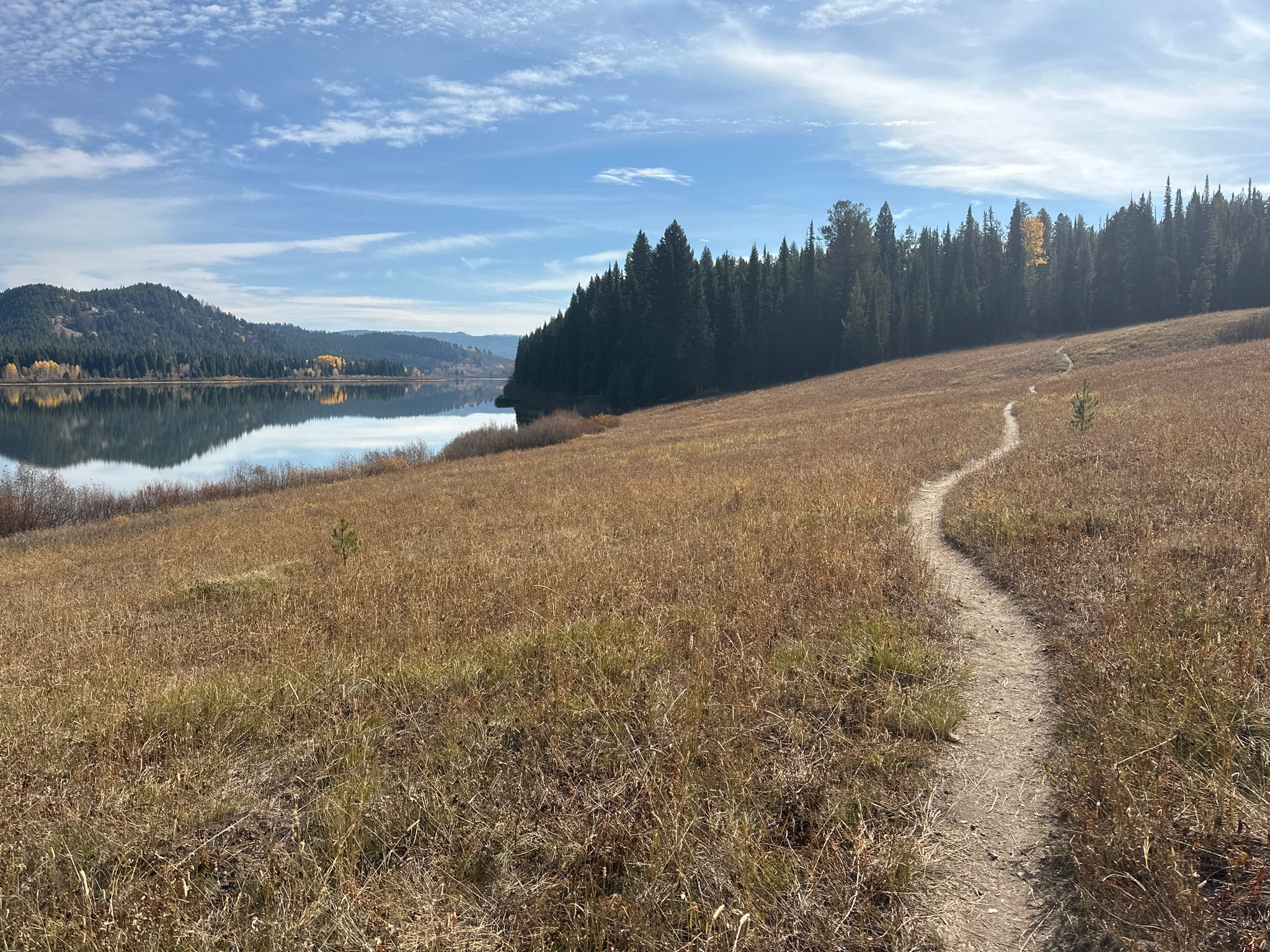 Winding dirt path through dry grass towards a calm lake and forested hills. - Grand View Point – Two Ocean Lake loop from Two Ocean Lake Trailhead