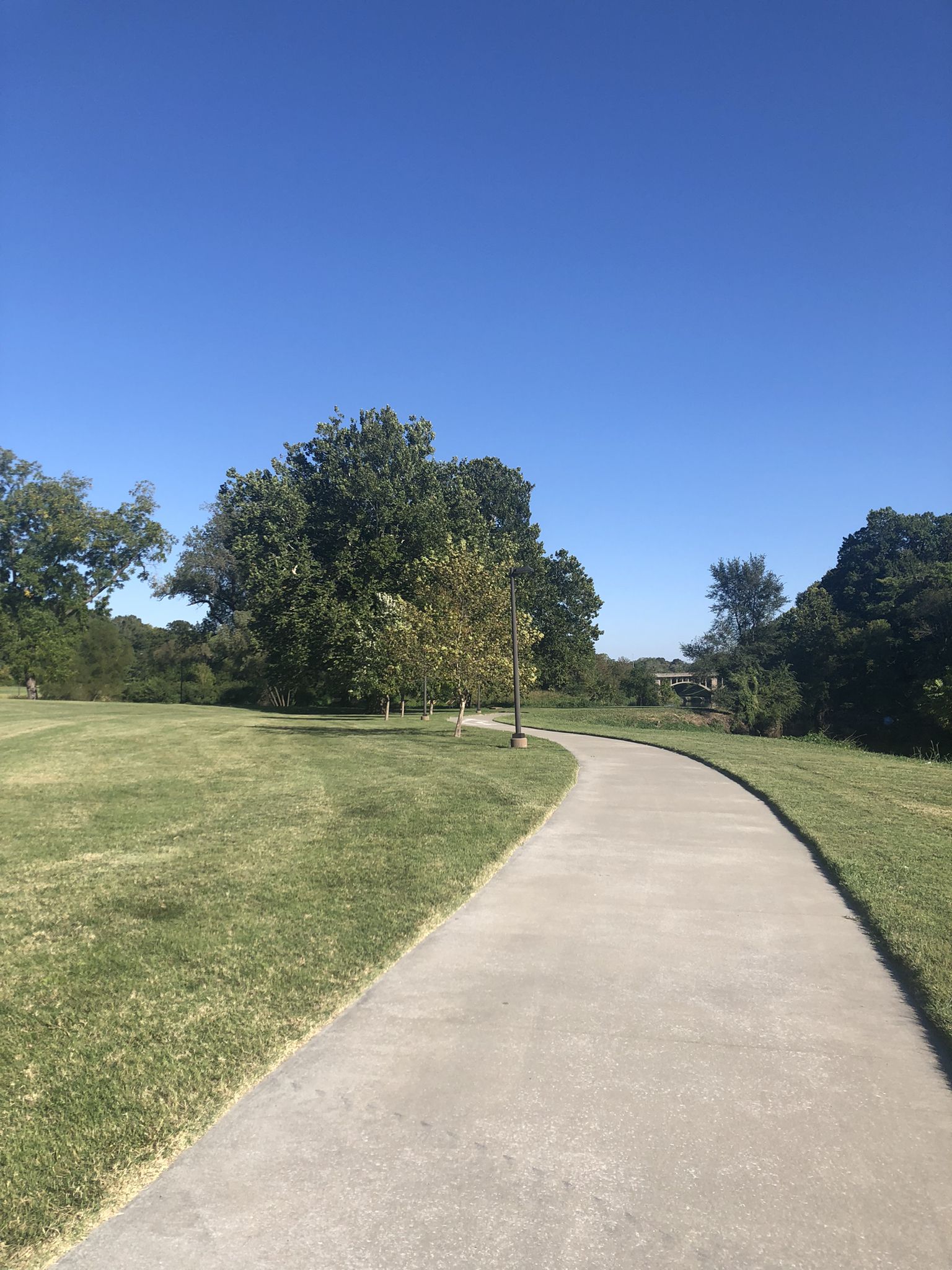 A paved path curves through a sunny green field with scattered trees. - Brush Creek Trail
