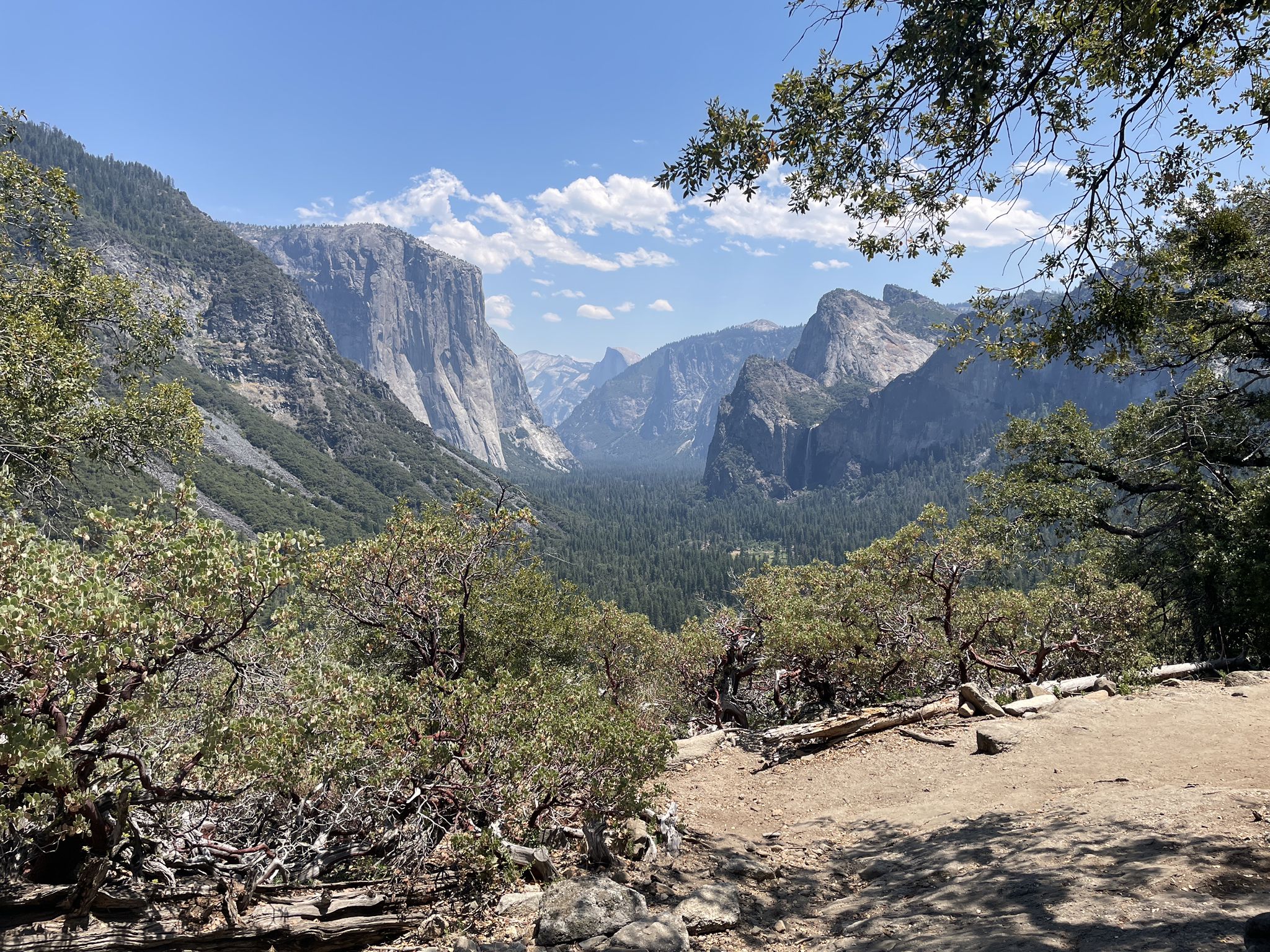 Sunny panoramic view of a vast valley with towering rock formations and green forests. - From the Yosemite Valley to Glacier Point and back