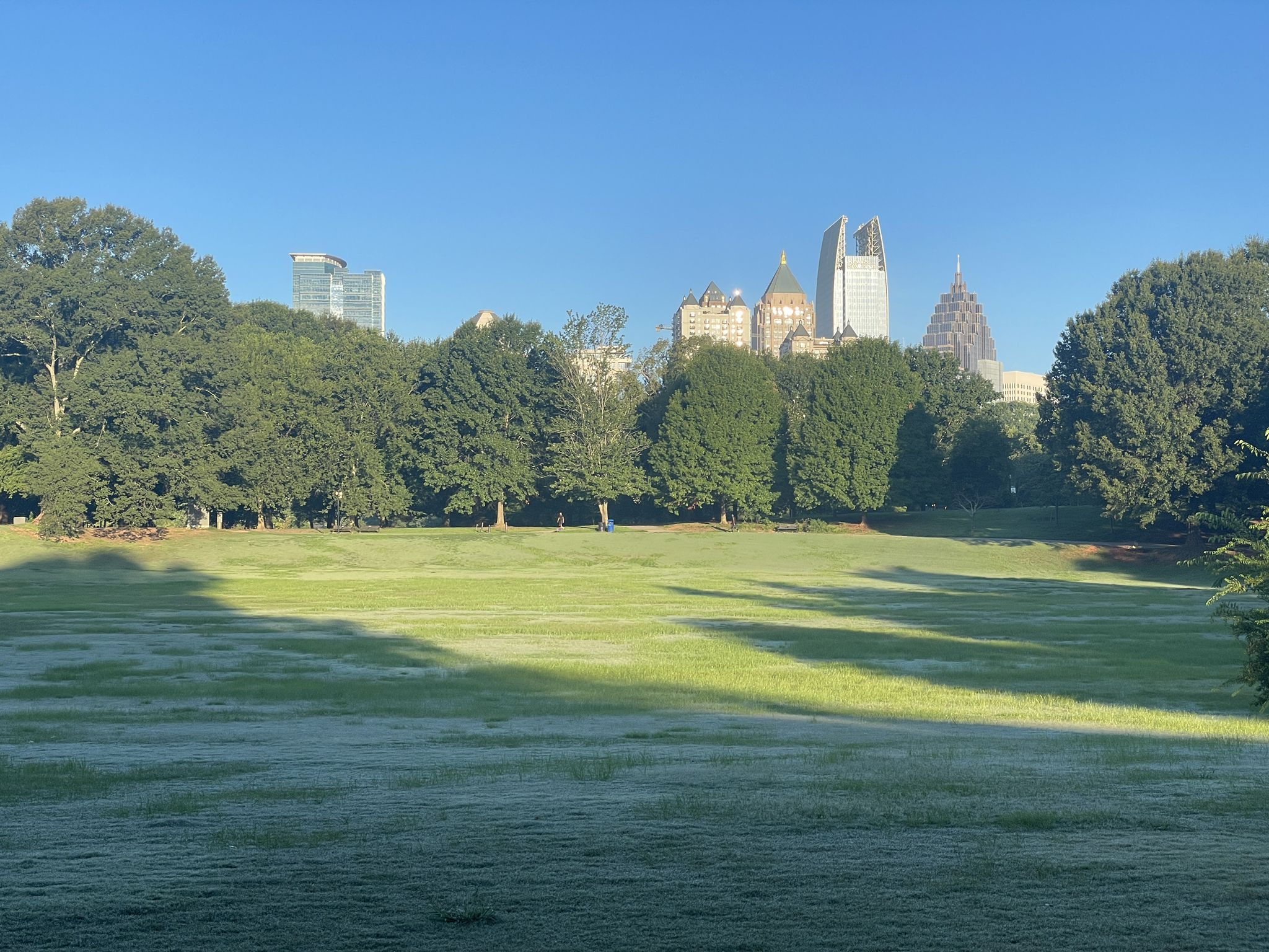 Frosty green field with a line of trees and a distant city skyline. - Atlanta BeltLine Trail – Ponce City Market loop from Old Fourth Ward