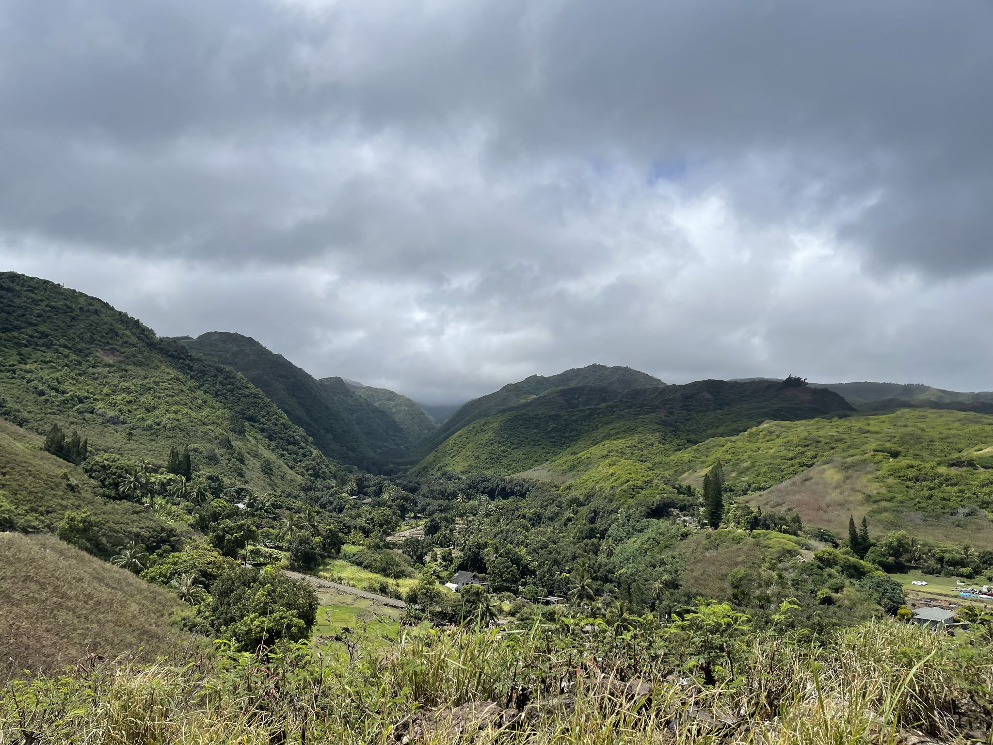Wide valley filled with lush green trees and hills under a cloudy sky. - Waihe‘e Beach Park – Kahekili Highway loop from Waikapu
