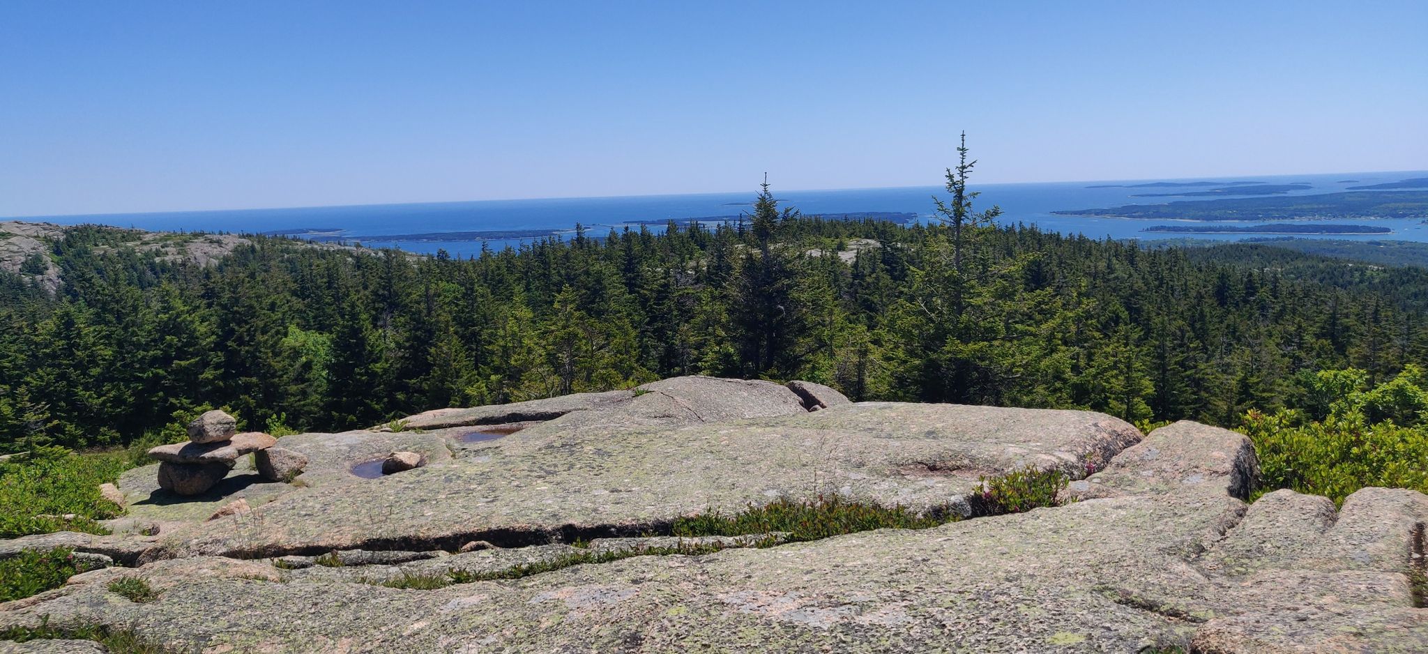 Rocky foreground, dense forest, distant ocean under a clear blue sky. - Sargeant Mountain Ridge Loop