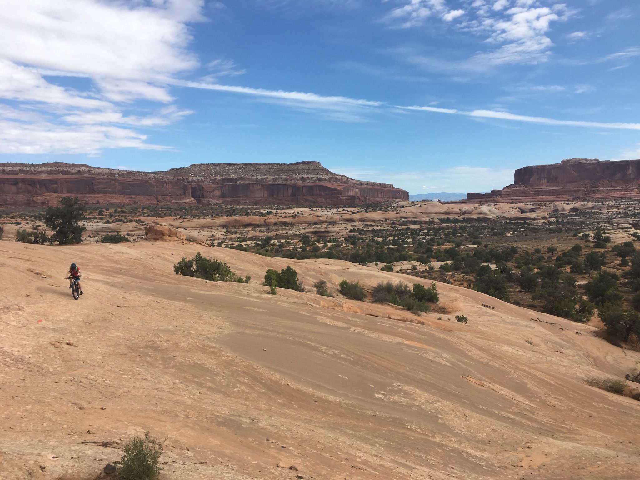 Person mountain biking across a wide rock slab in a vast desert landscape. - Navajo Rocks Loop