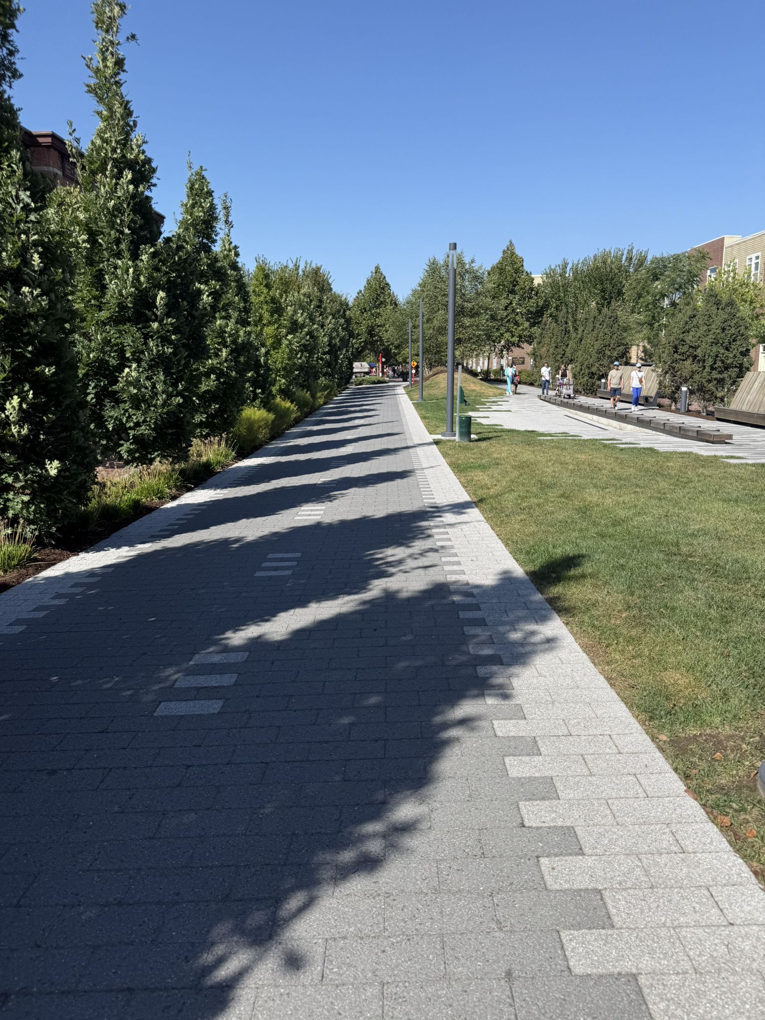 Sunny paved pathway lined with tall trees casting long shadows, distant people walking. - Monon Trail North Trailhead – Monon Trail loop from Sheridan