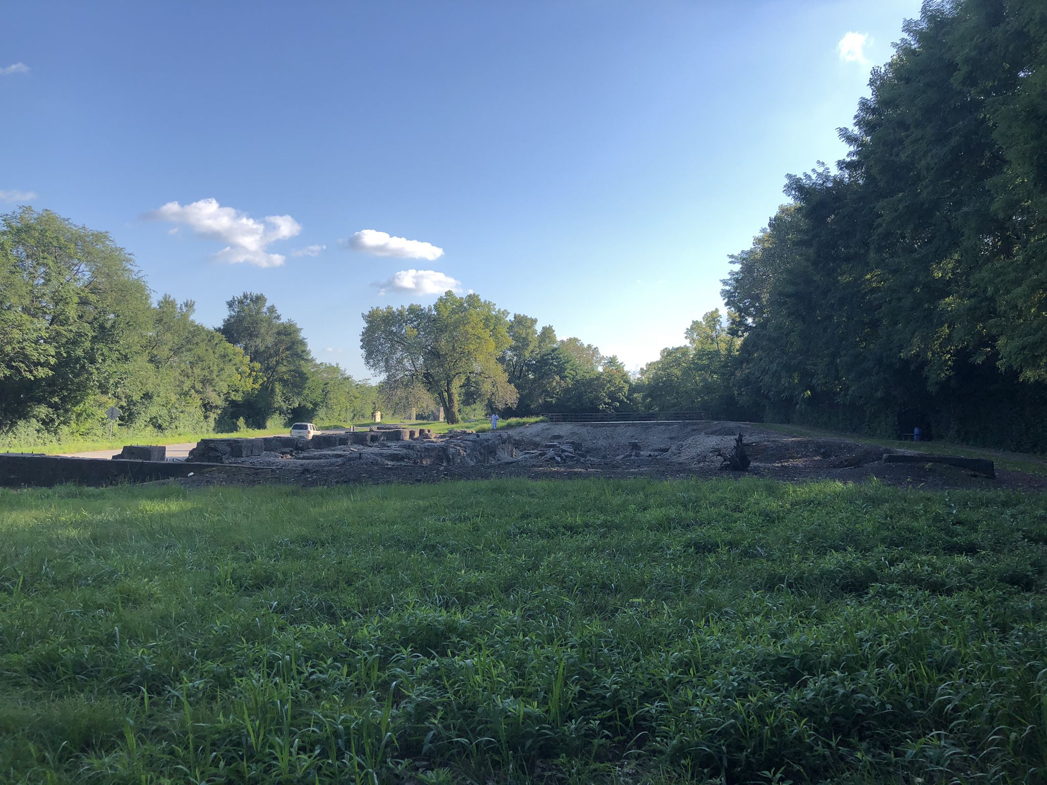 Sunny view of low concrete ruins in a vibrant green field with trees. - Joliet Iron Works Historic Site Trail