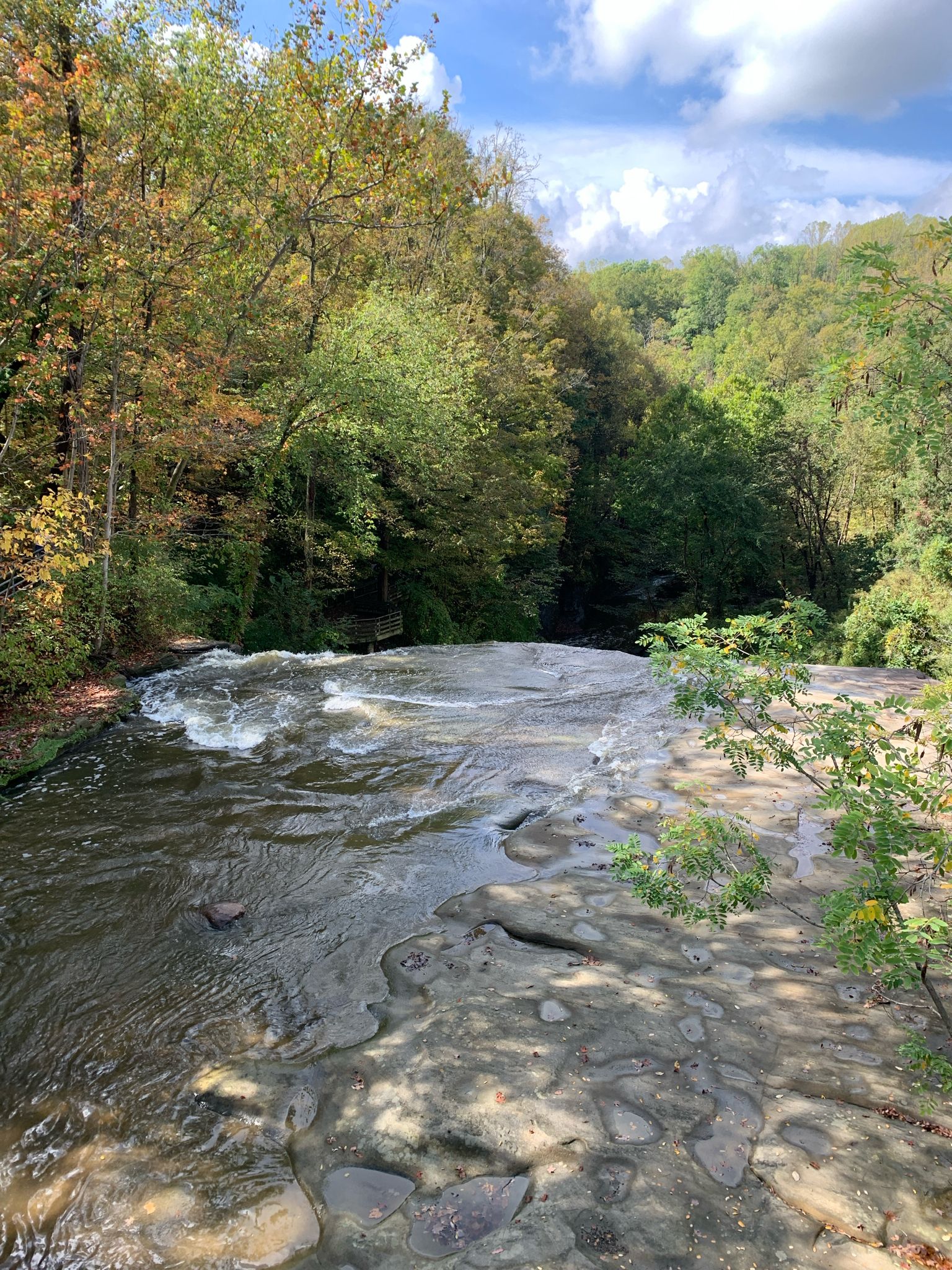 River flows over flat rock formations, surrounded by lush green and autumn trees. - Boston Mills Visitor Center – Boston Trailhead loop from Echo Hills Lake Number One