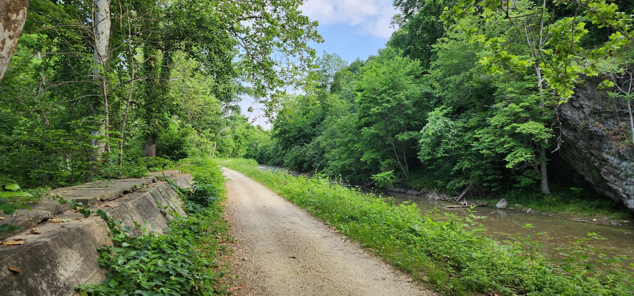Dirt path next to a narrow river, surrounded by lush green trees. - MoCo Epic