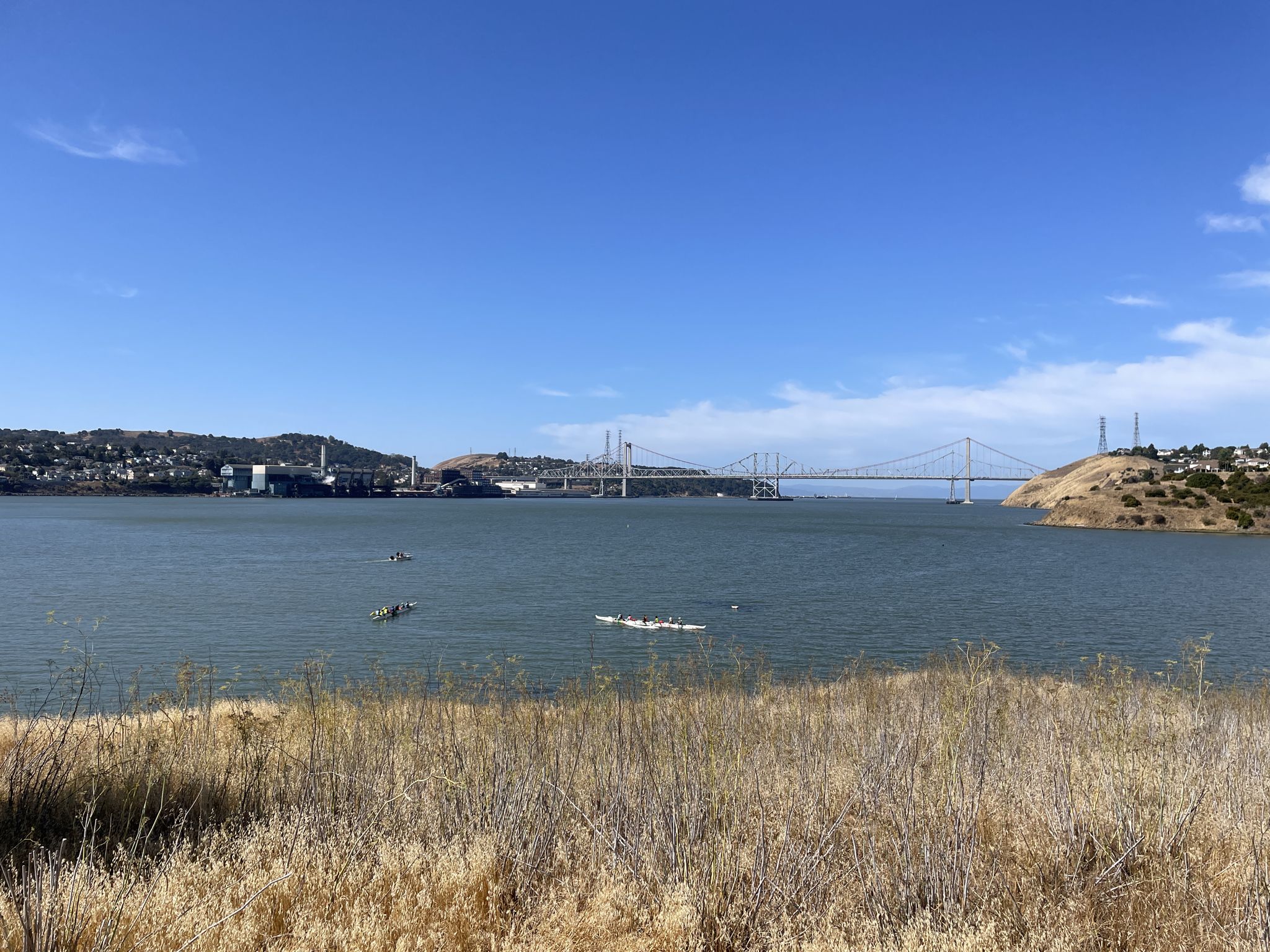 Wide water view with distant bridges and small boats under a clear sky. - Carquinez Strait Trail and Bay Area Ridge Trail Loop