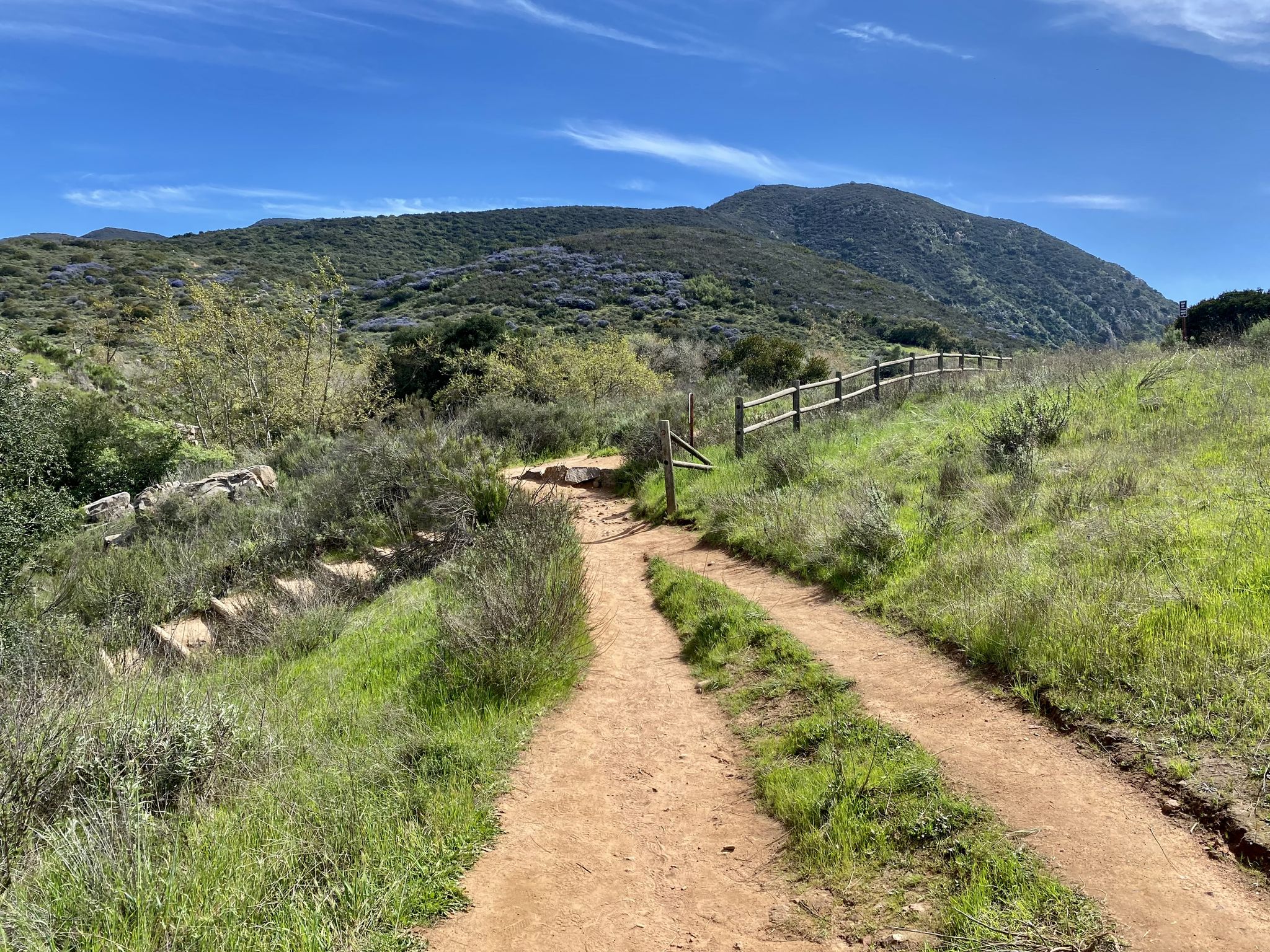 Dirt path winding through green hills with a fence under a blue sky. - Oak Canyon Trail