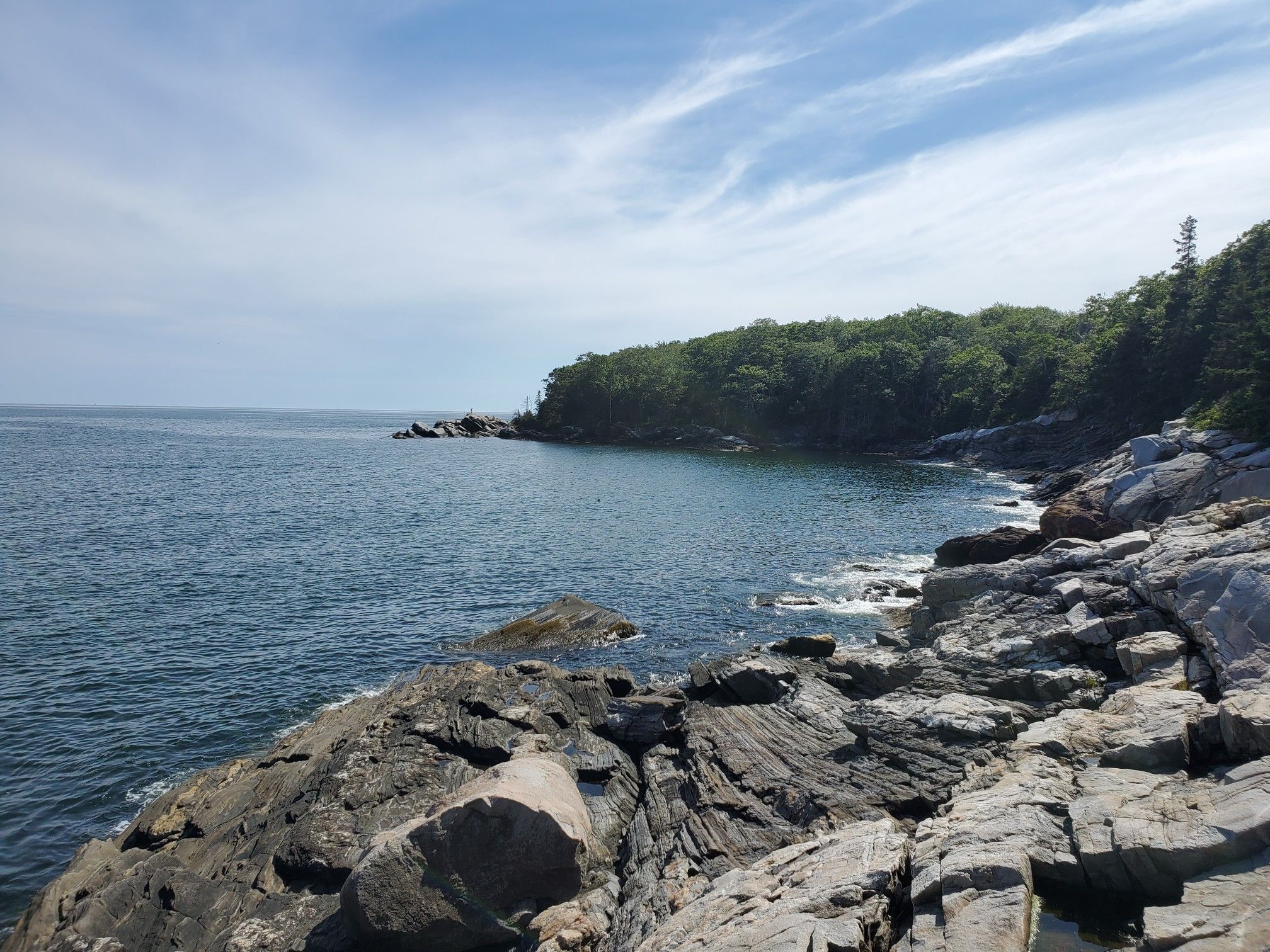 Rocky coastline with calm blue water and forested headland under a partly cloudy sky. - La Verna Preserve Loop Trail