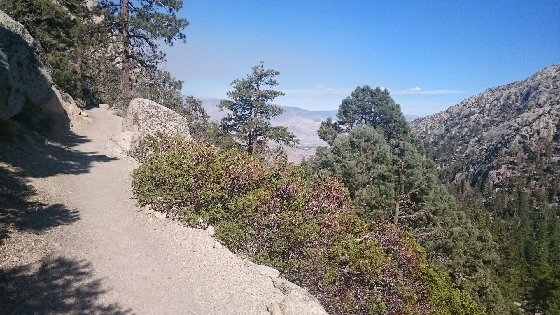 Dirt trail winding along a mountain slope with trees and distant valley. Bright daylight. - Mount Whitney Trail to Lone Pine Lake