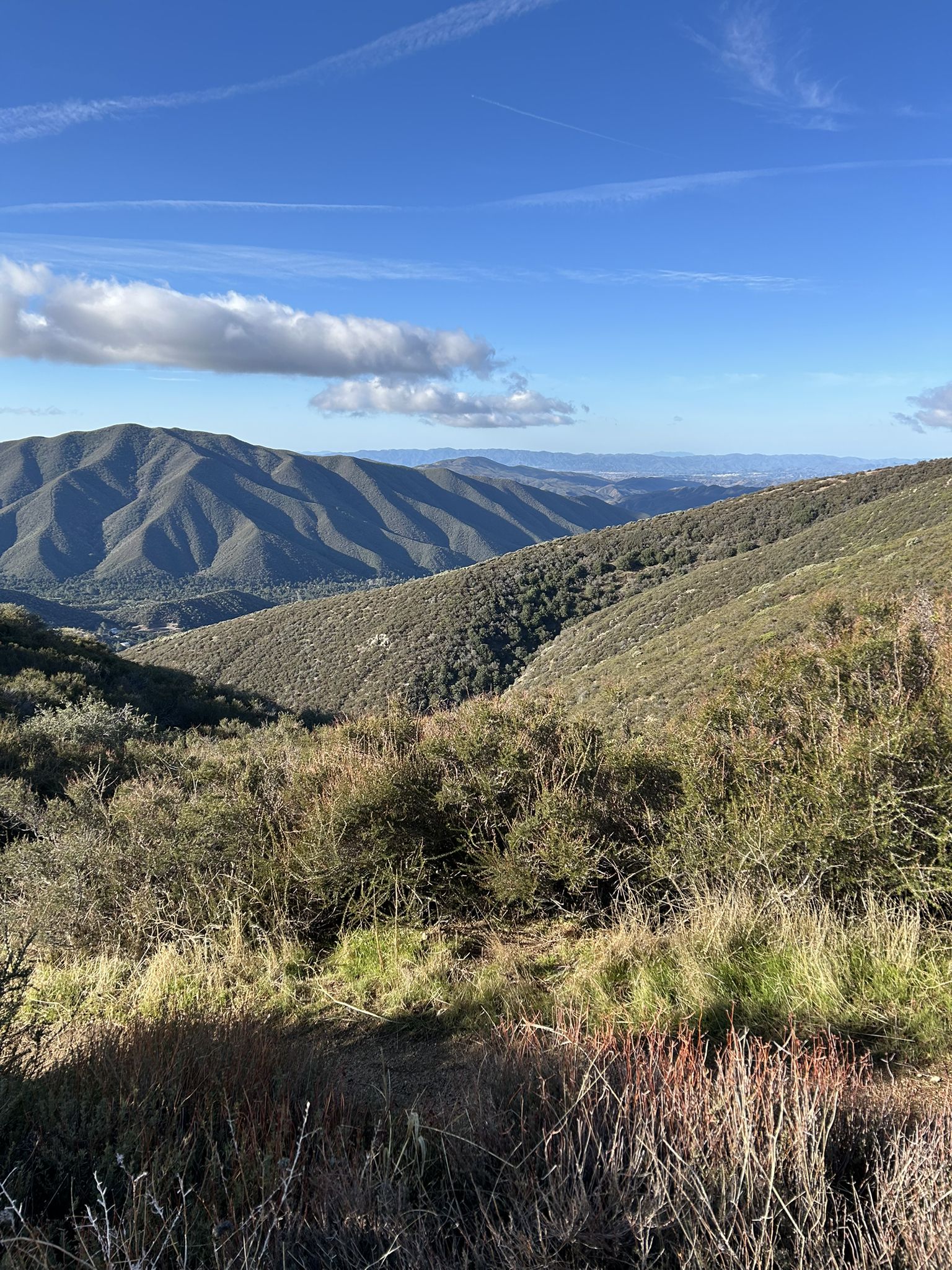 Expansive view of green and brown rolling mountains under a bright blue sky. - Grass Mountain via San Francisquito Canyon Road