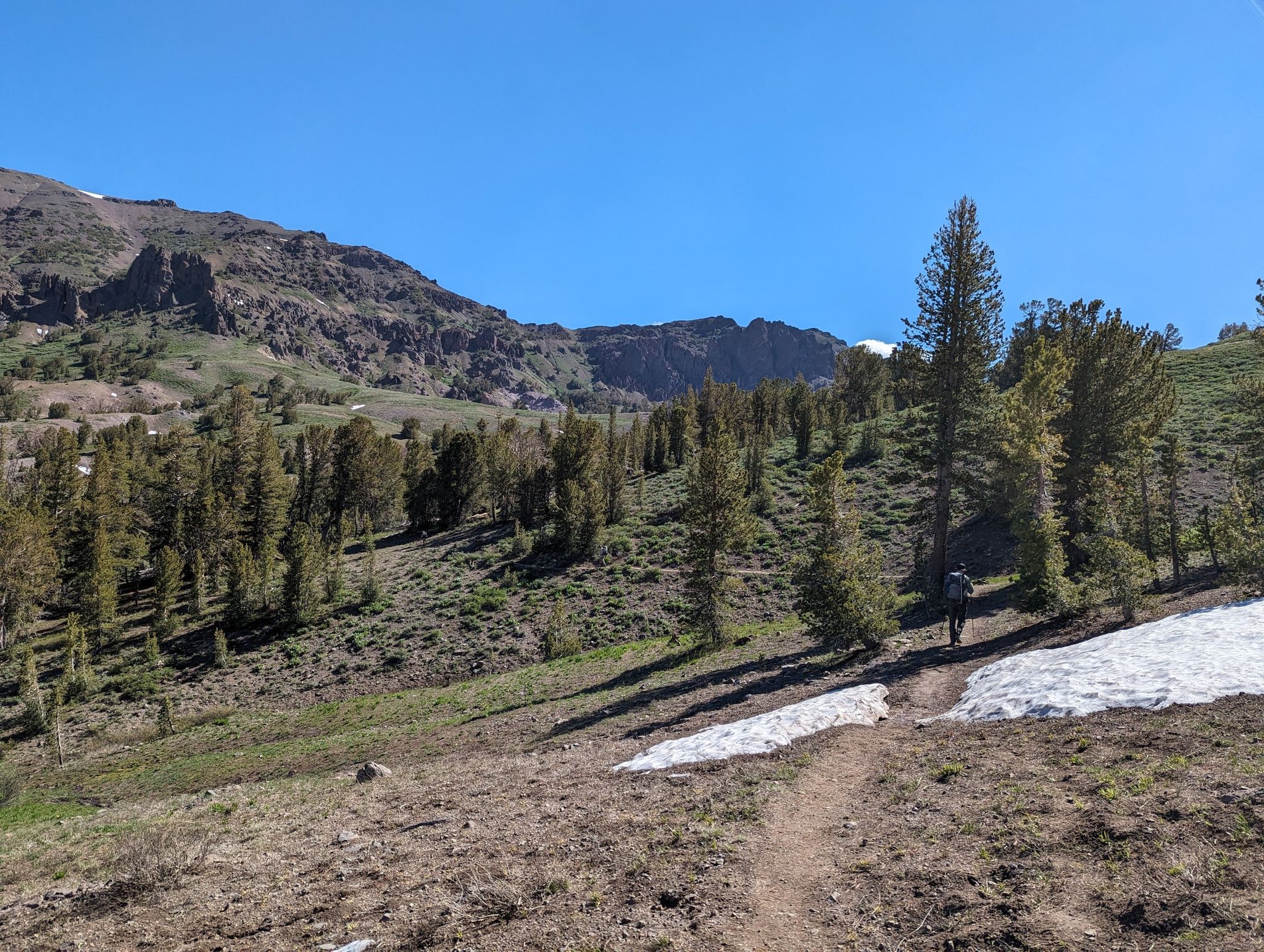 Hiker on a sunny dirt trail through a mountain landscape with trees and snow. - Sonora Peak Trail