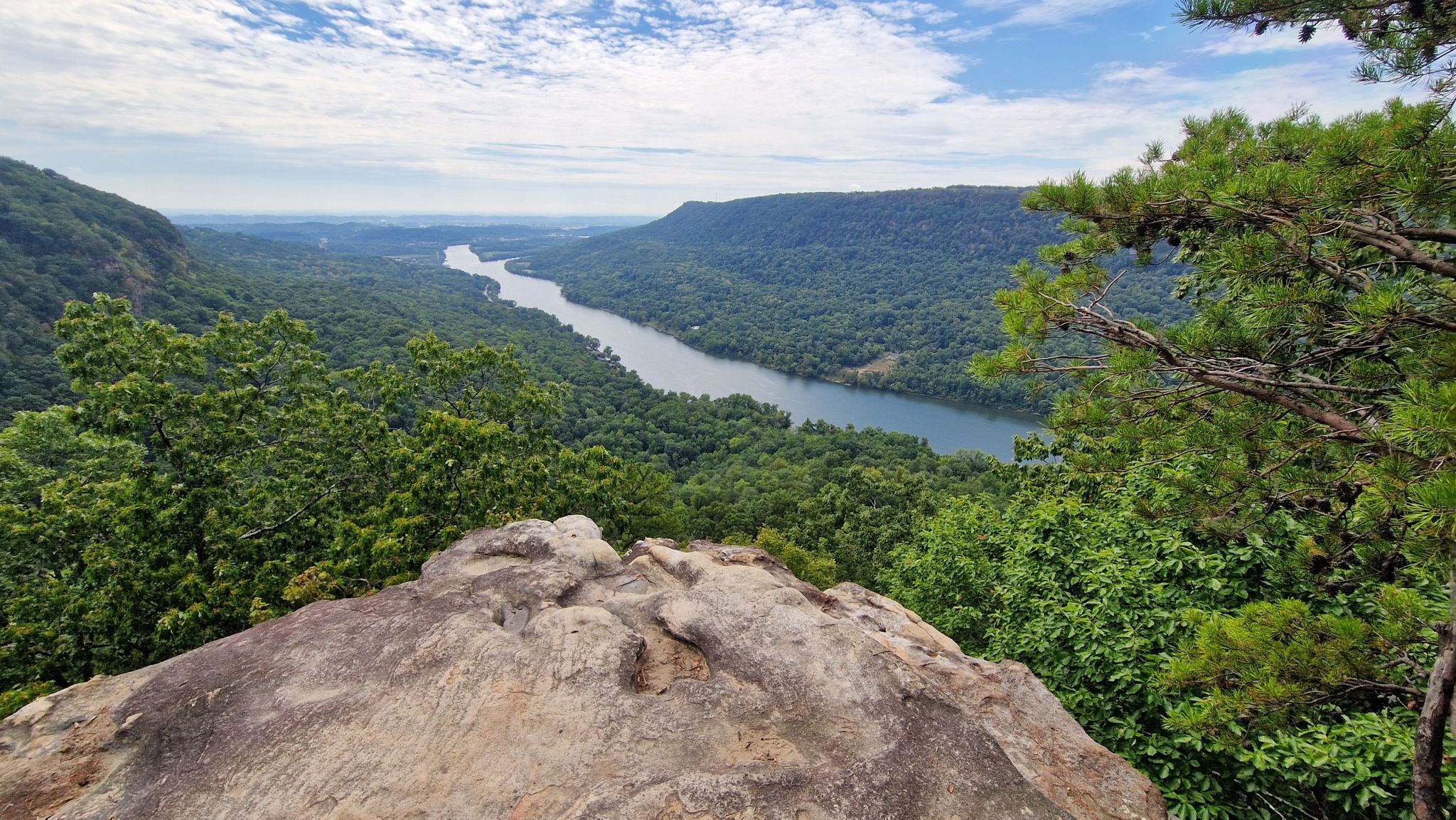 Panoramic view of a winding river through a lush green valley from a rocky overlook. - Bike loop from Round Knob