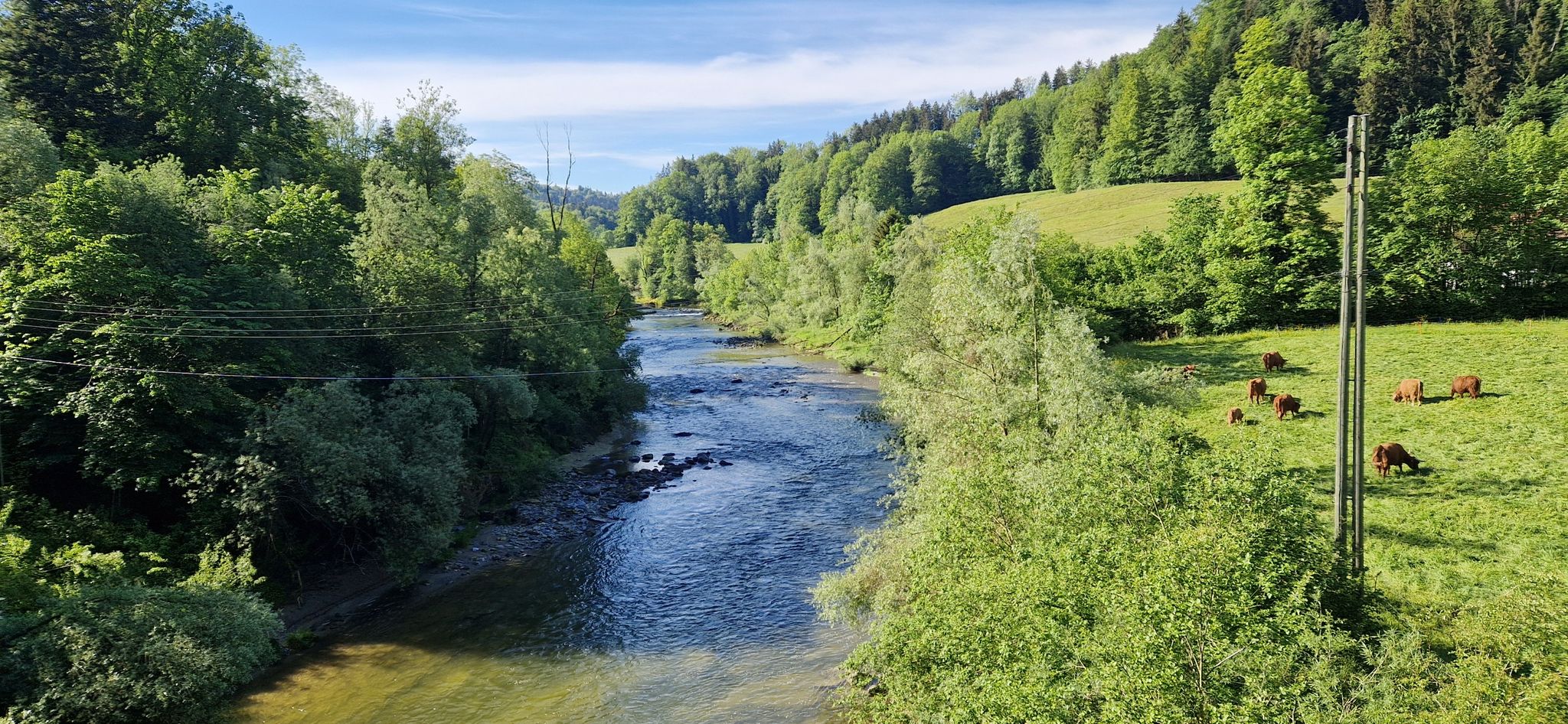Schöne Aussicht auf den Fluss von der Brücke