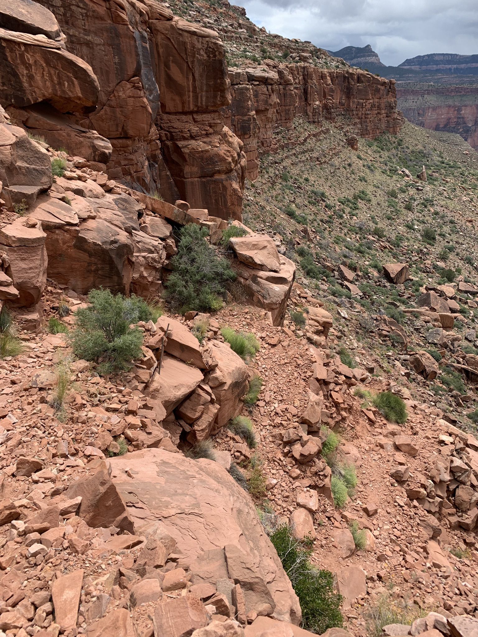 Steep, rocky canyon wall with sparse green bushes and a narrow path. - Bill Hall and Thunder River Trail to Thunder Spring