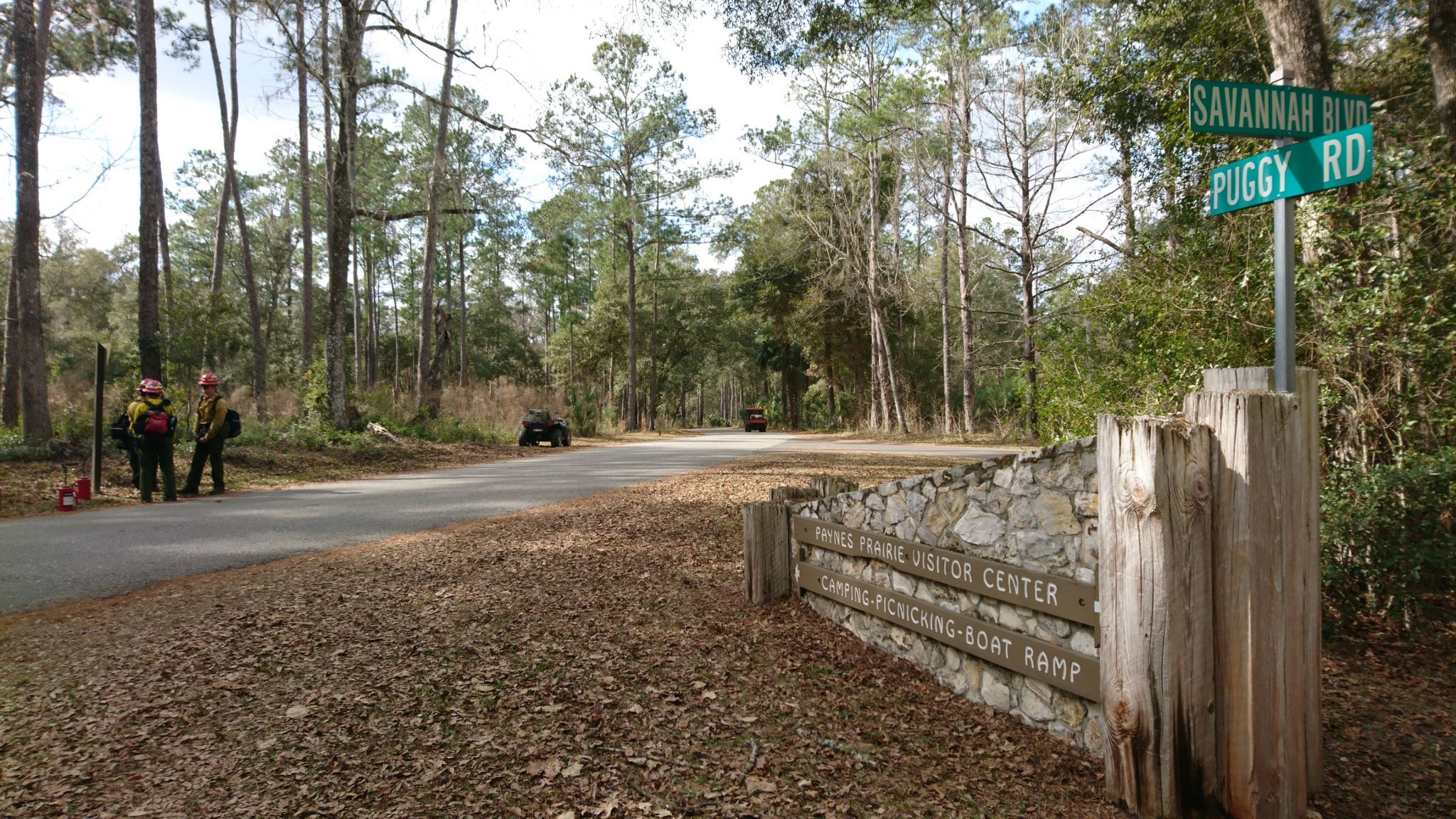 Two people on a paved road in a sunny pine forest with a stone wall. - Lake Trail Loop via Jacksons Gap Trail