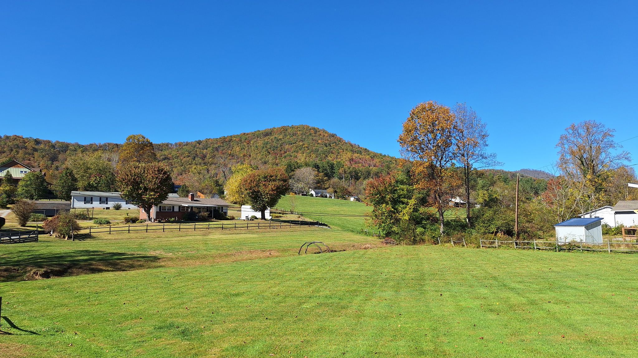 Grandmother's cow pasture and barn through the trees.