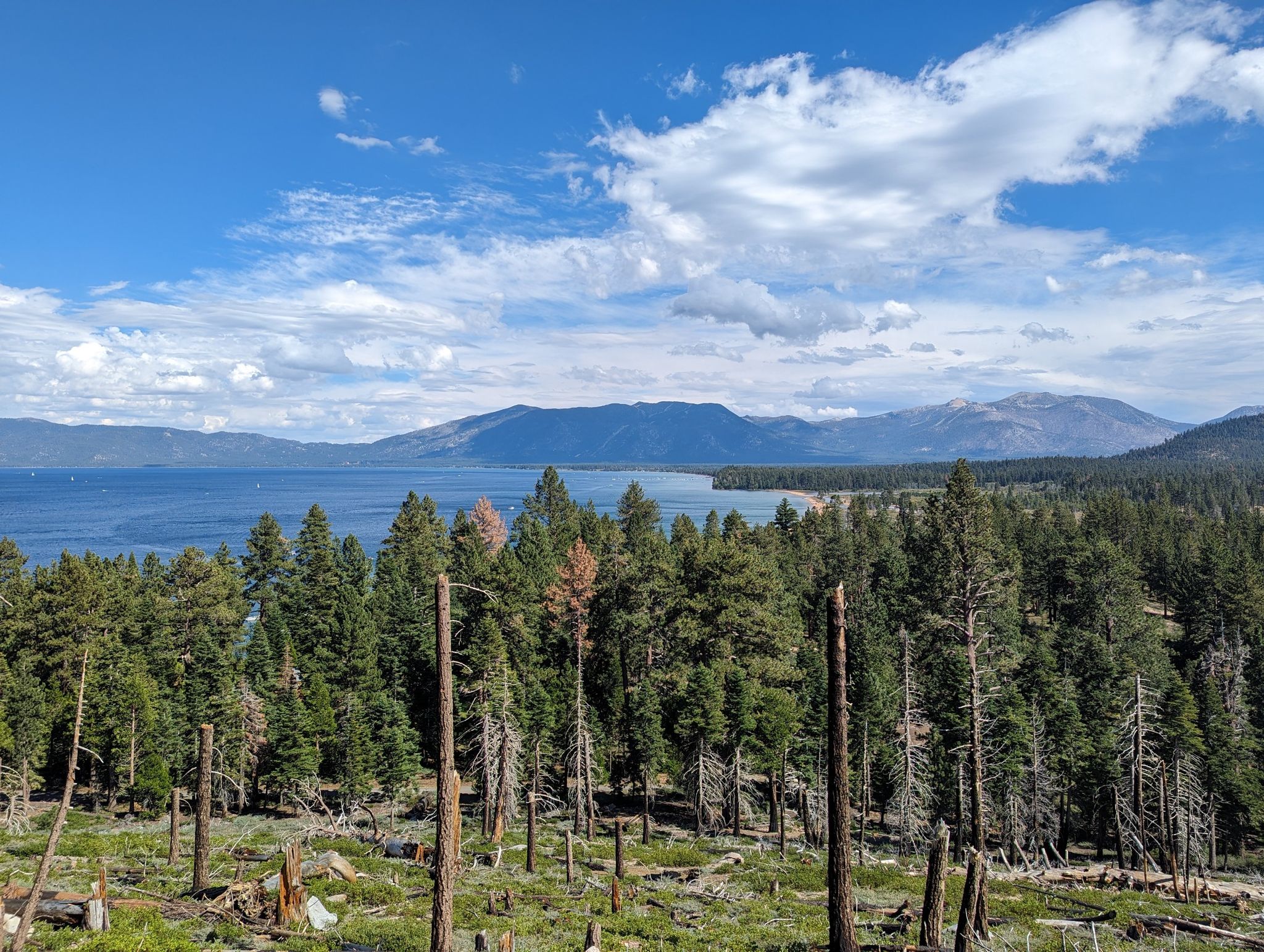 Panoramic view of a blue lake, green forest, and distant mountains under a cloudy sky. - South Tahoe Bikeway Loop