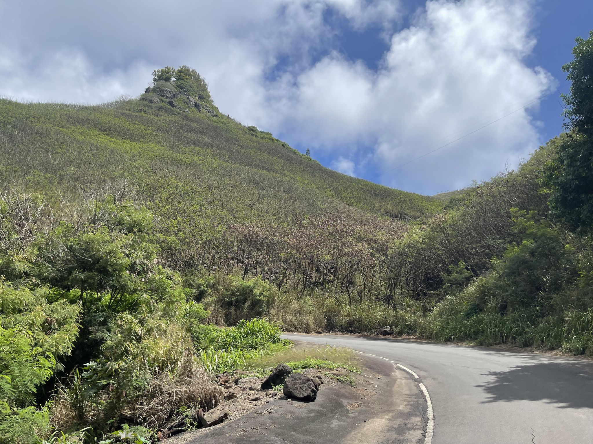 Winding road beside a steep, green, rocky hillside under a cloudy sky. - Road to Lahaina – Honolua Bay loop from Kihei