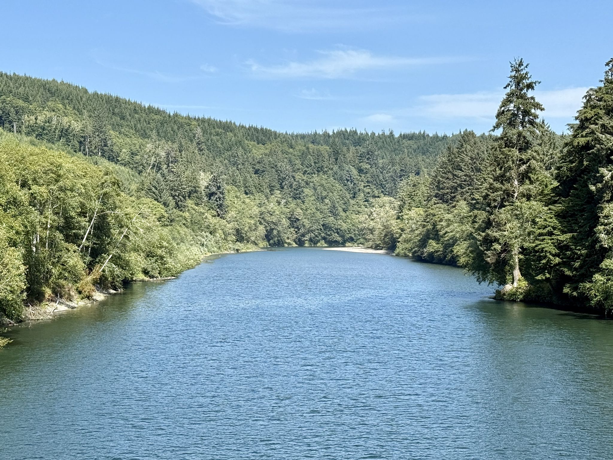 A wide, calm river flows through lush green forested hills on a sunny day. - Ruby Beach to Queets
