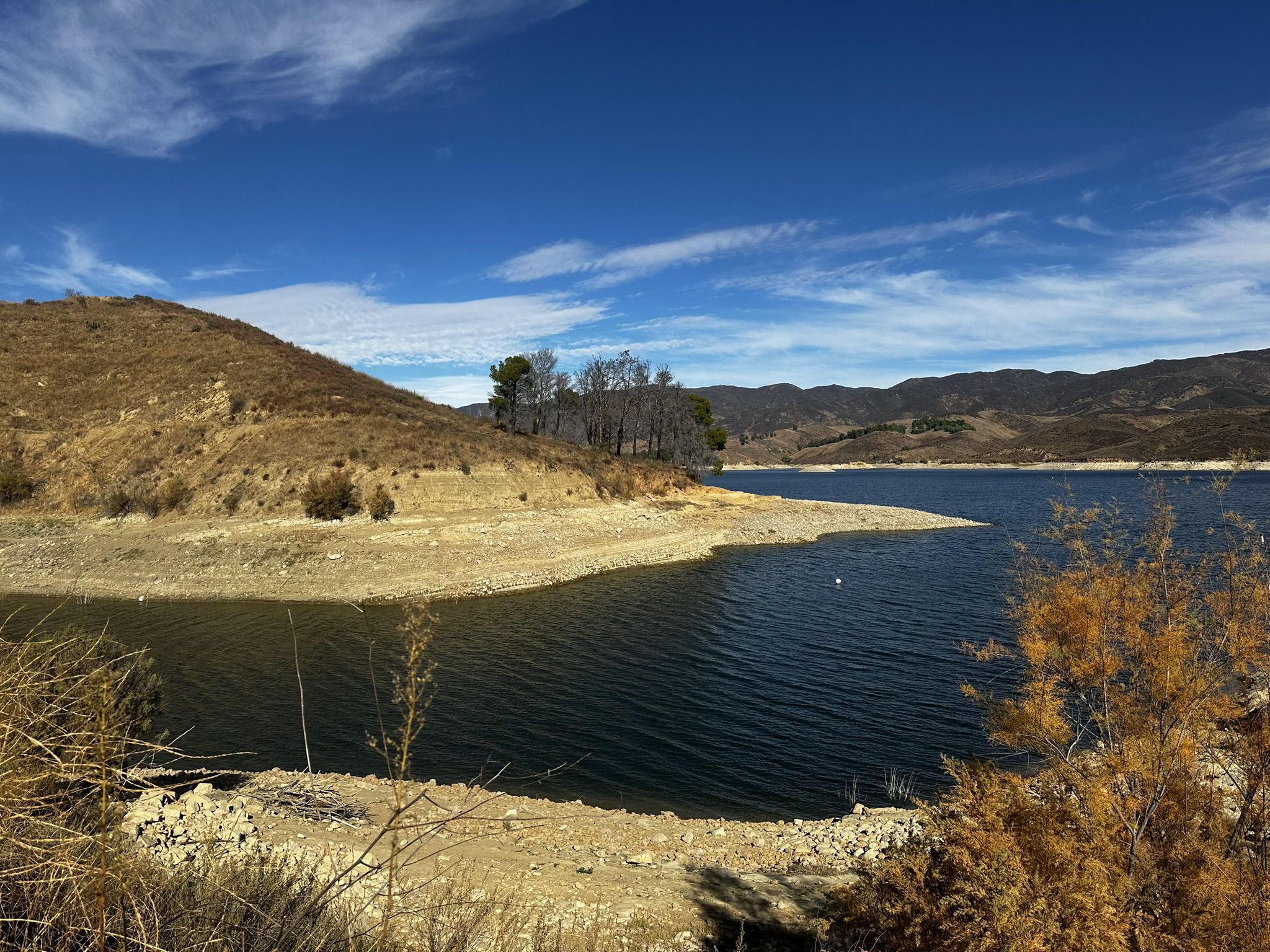 A lake with dry, brown hills under a bright blue sky. - Castaic Lake Trail loop