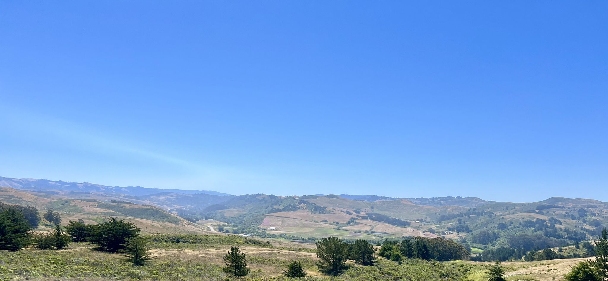Expansive view of rolling green hills and valleys under a clear blue sky. - Los Altos-Palo Alto Bike Trail – Kings Mountain Road loop from Sunnyvale