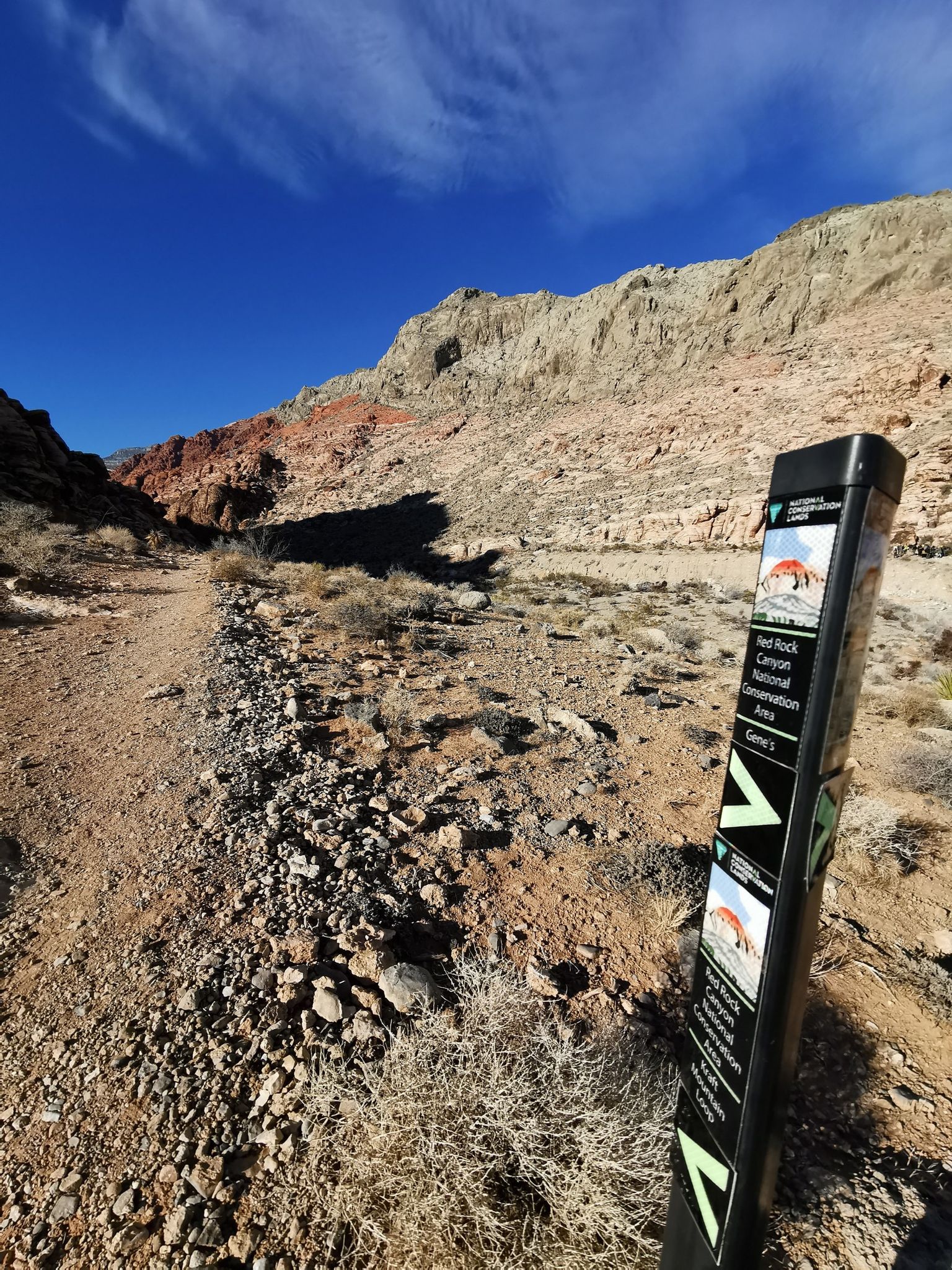 A trail marker stands beside a rocky desert path under a bright blue sky. - Gene's Trail
