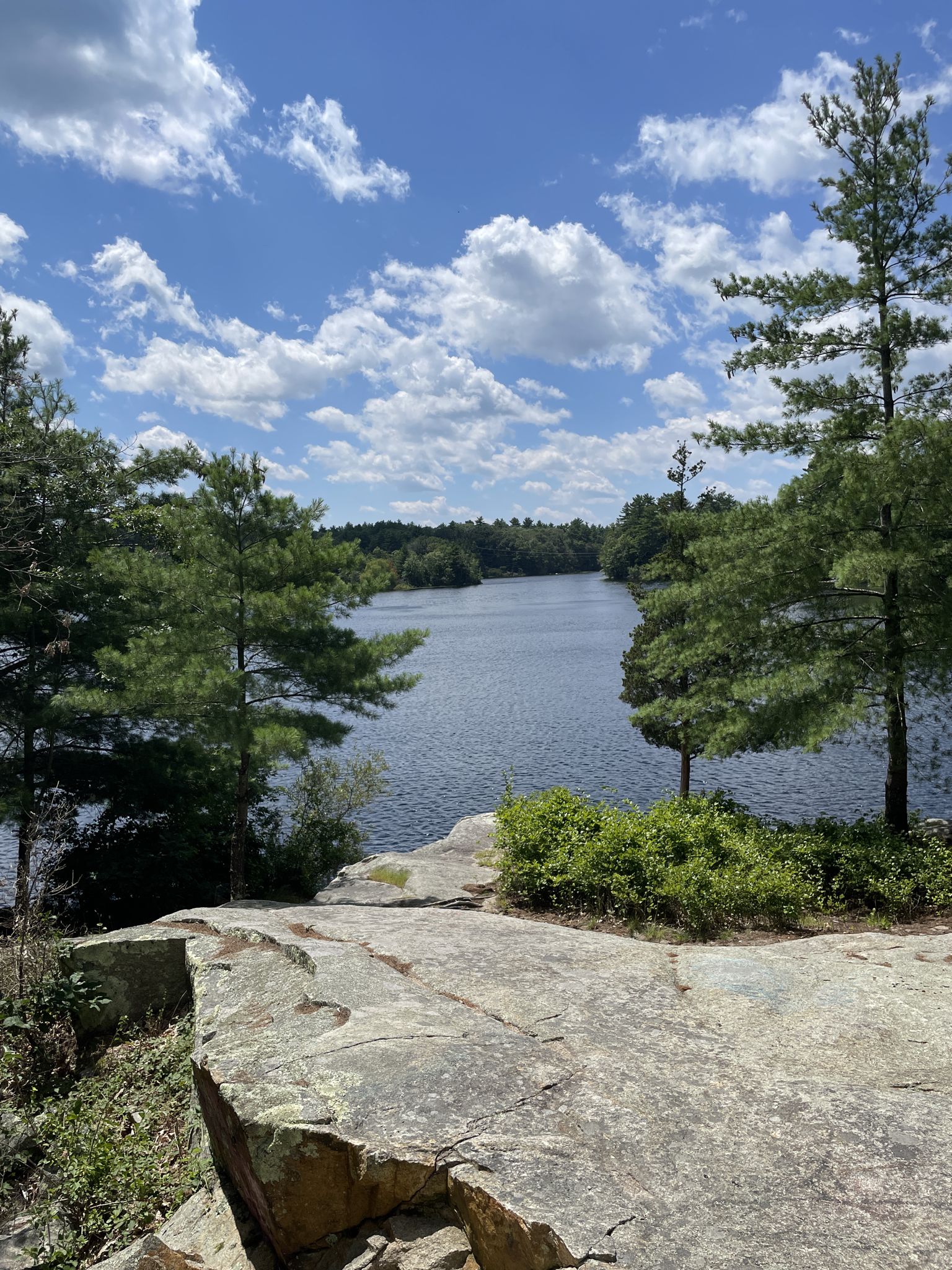 Sunny view of a lake from a rocky cliff, surrounded by green trees. - Wompatuck State Park loop via S18-S19 Trail