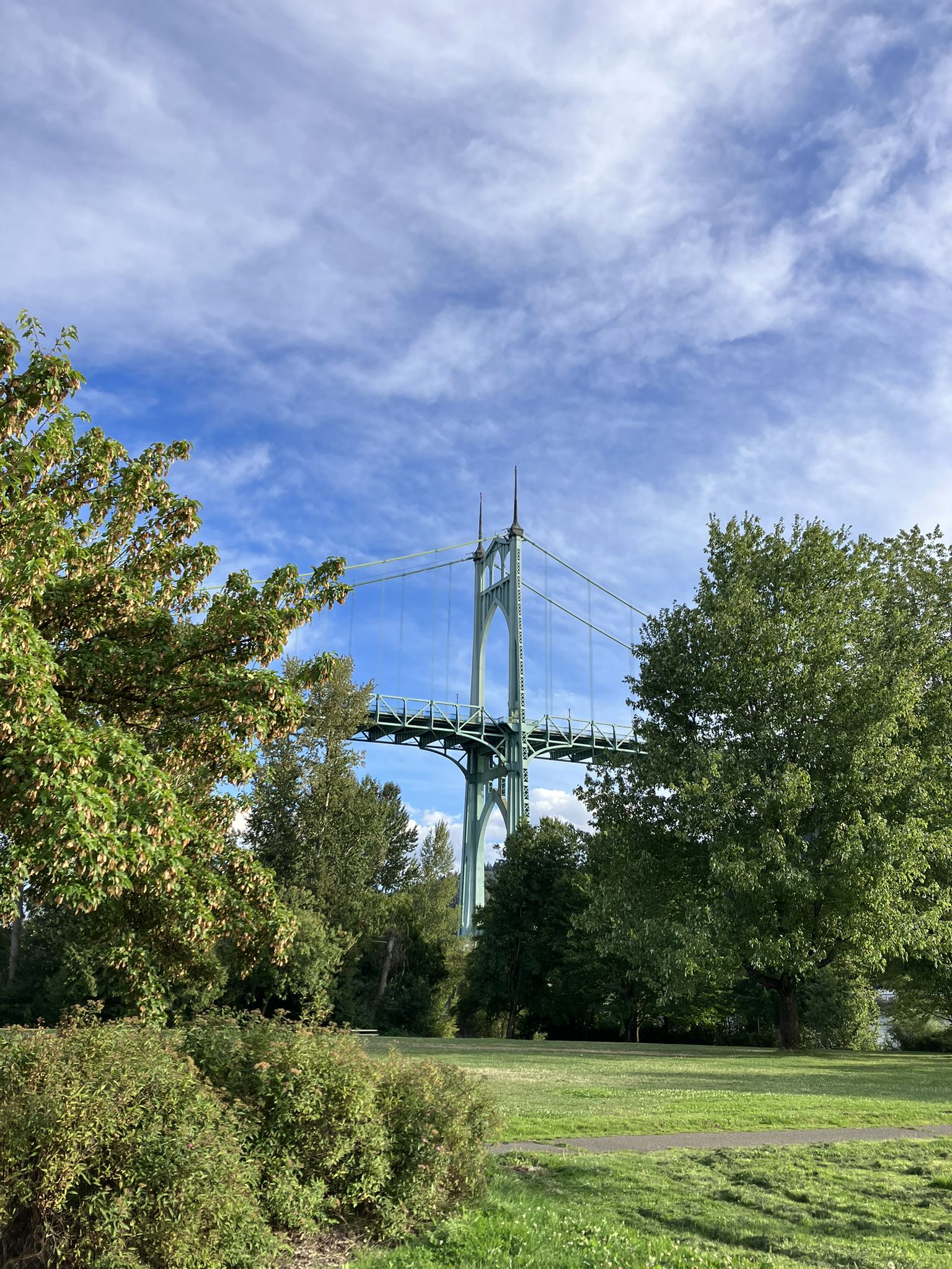 A large green suspension bridge arches over green trees under a bright, cloudy sky. - Cathedral Park Trail Loop