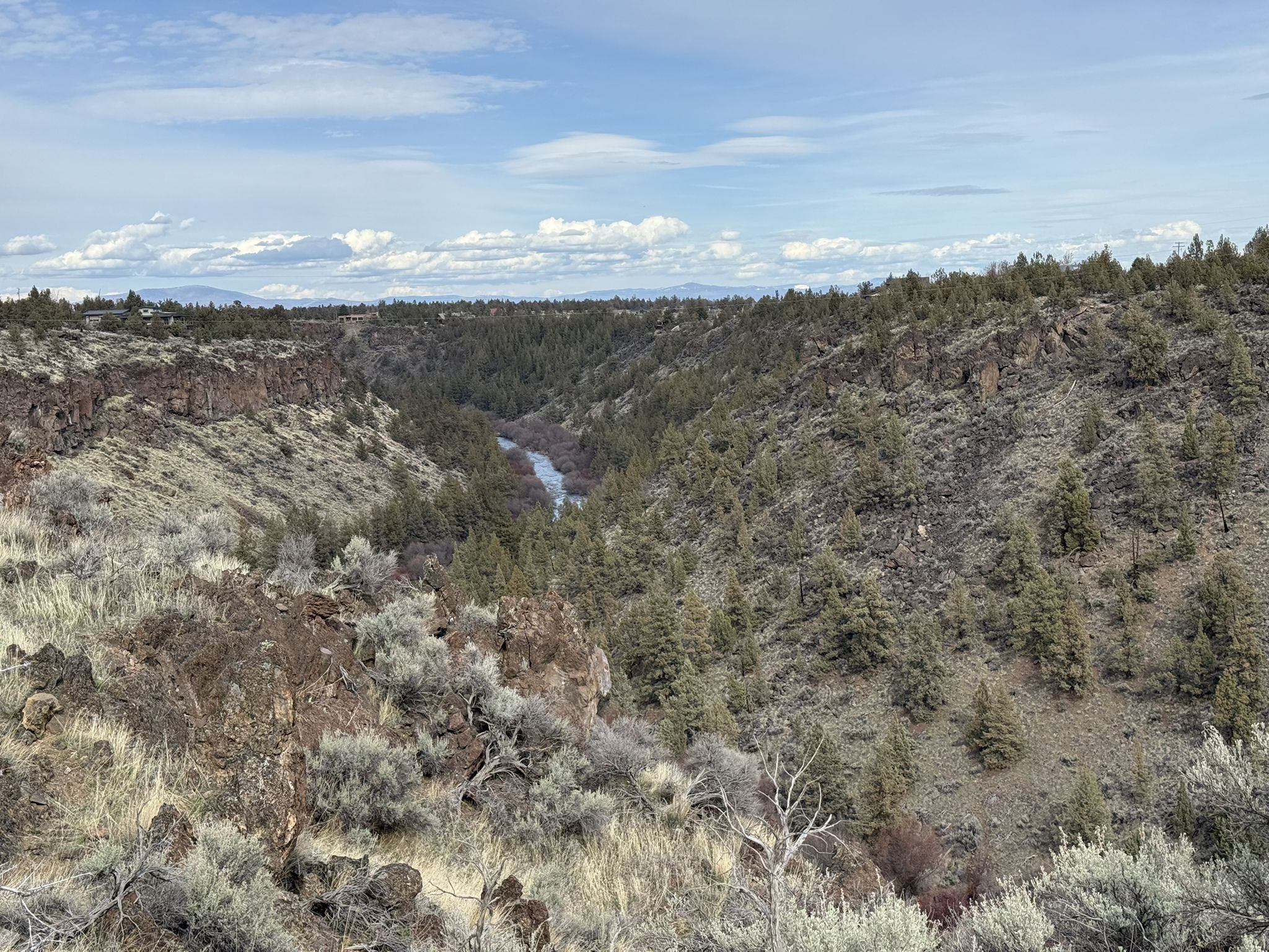 River winding through a dry, tree-lined canyon under a partly cloudy sky. - Maston Outer Loop – Beginner Loop