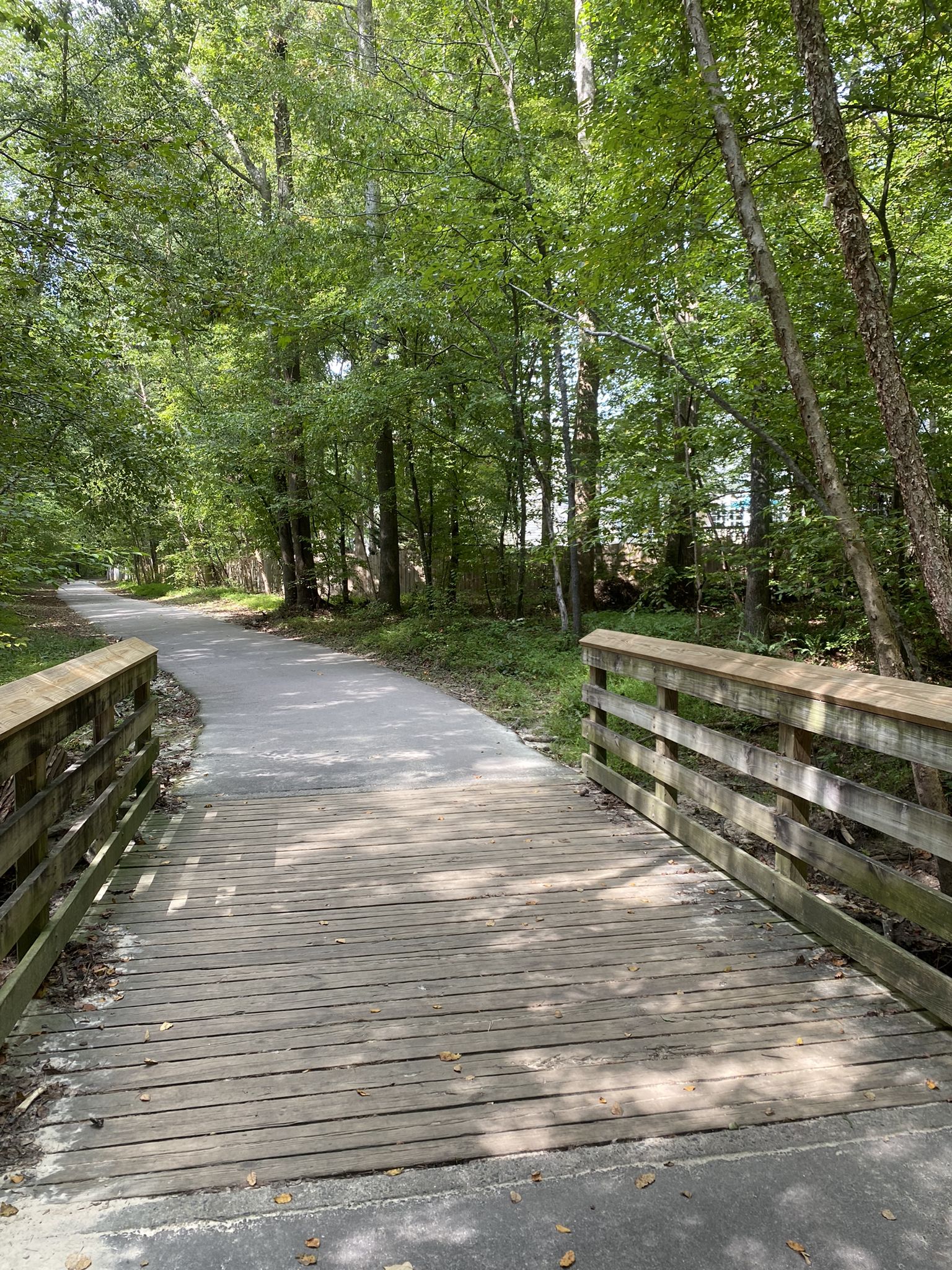 A wooden bridge leads to a paved path through a lush green forest. - White Oak Creek Greenway