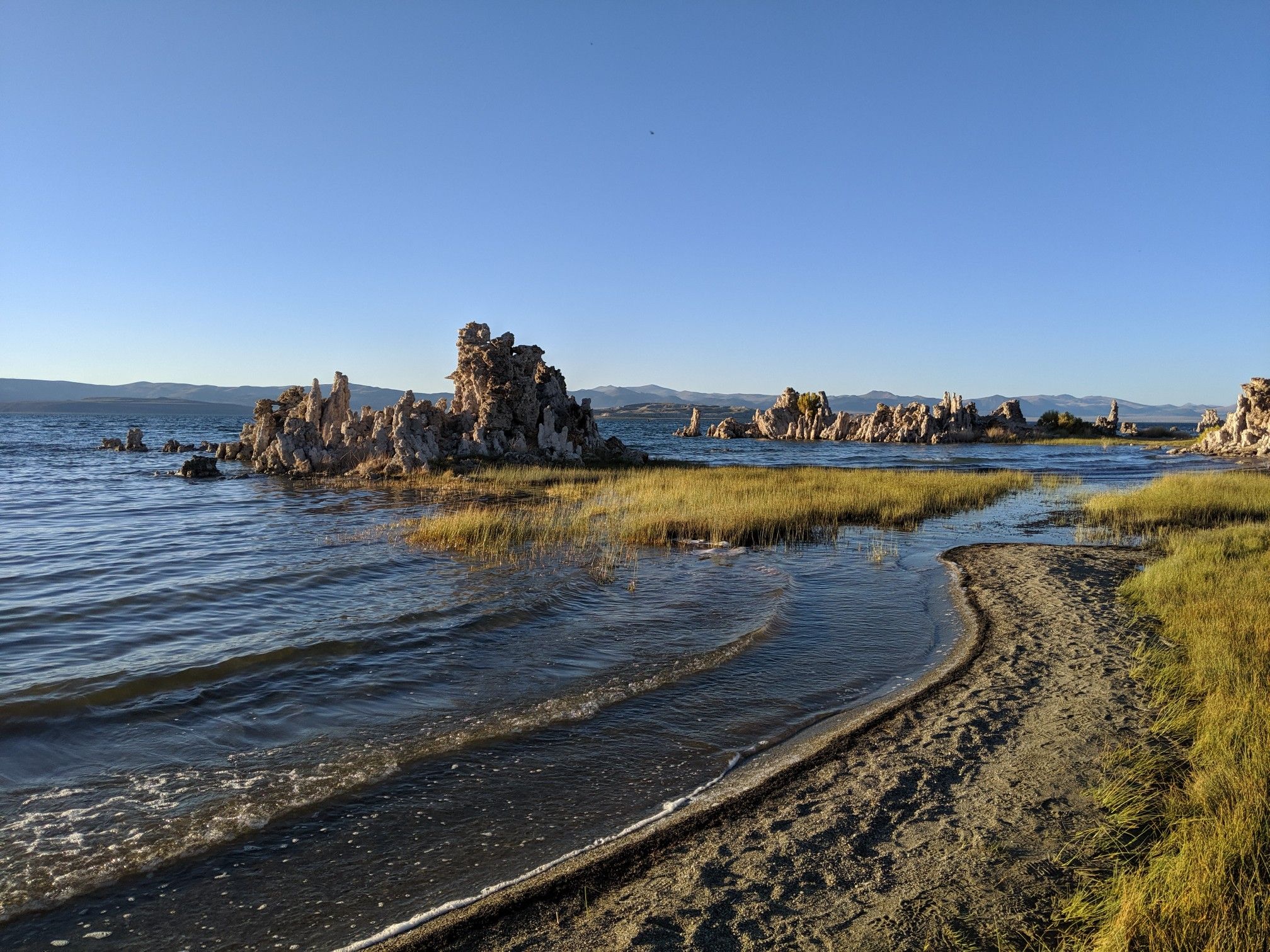 Tufa formations in a lake with a sandy shore and tall grass under a clear sky. - South Tufa Loop Trail
