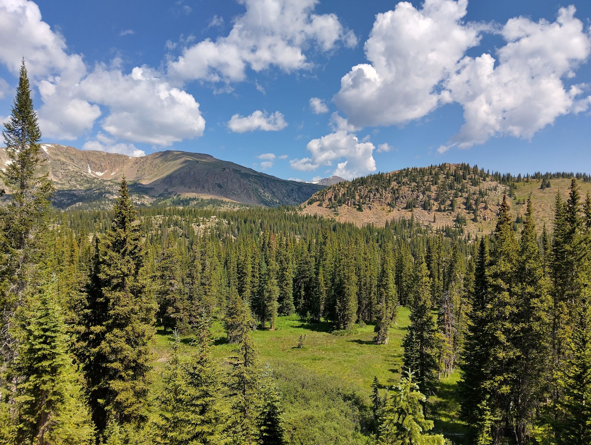 Expansive green forest valley with distant mountains under a cloudy blue sky. - Colorado Trail: Segment 9