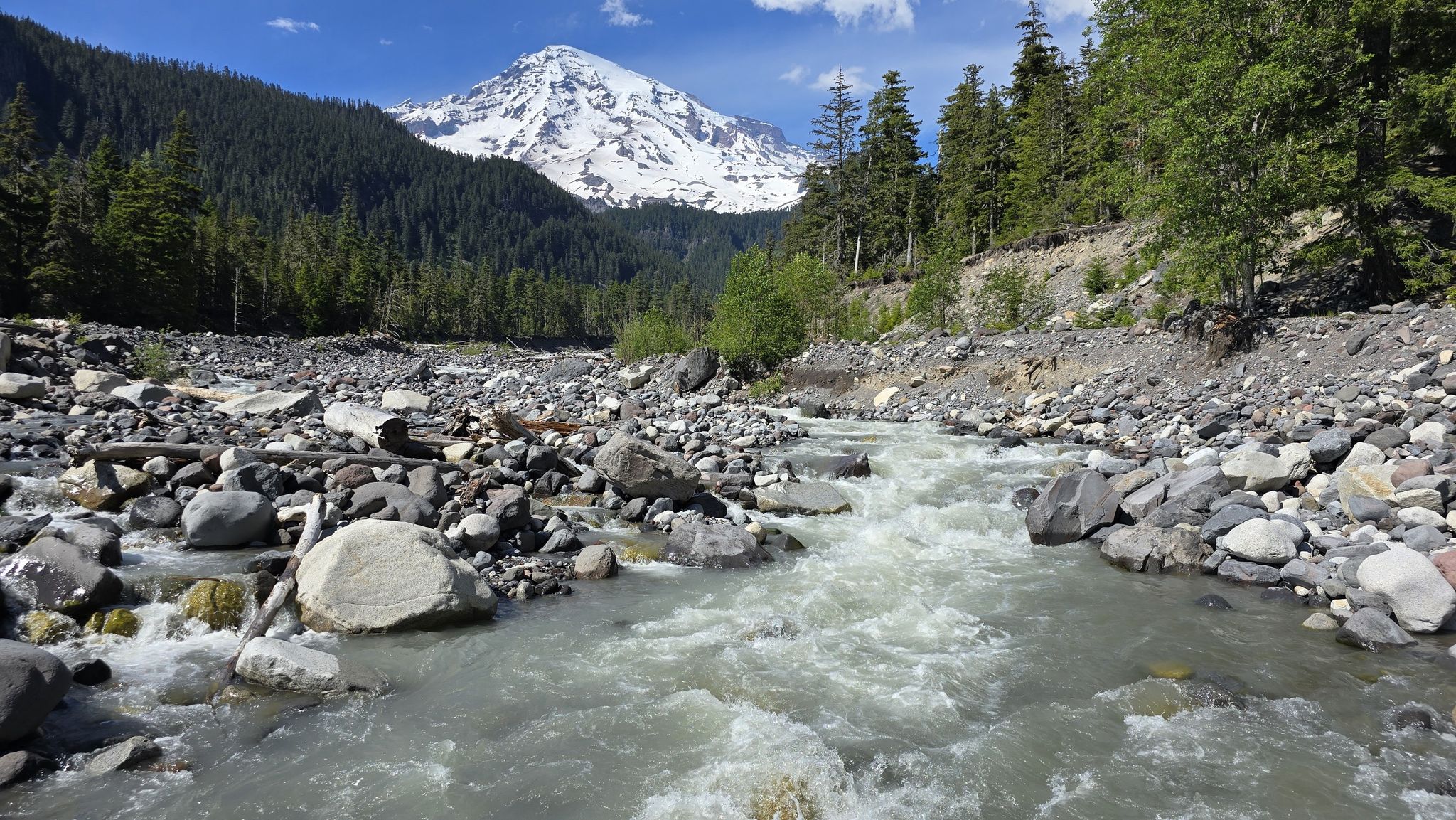 A wide rocky riverbed flows towards a snow-capped mountain under a blue sky. - Carter and Madcap Falls via Wonderland Trail
