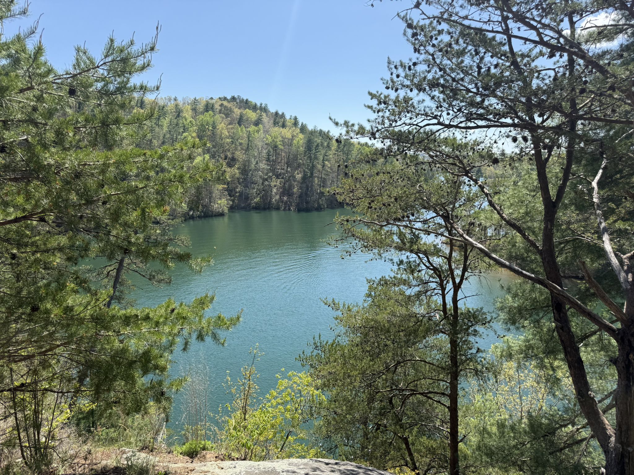 Bright sunny view of a calm lake surrounded by lush green forests. - Raven Rock Trail