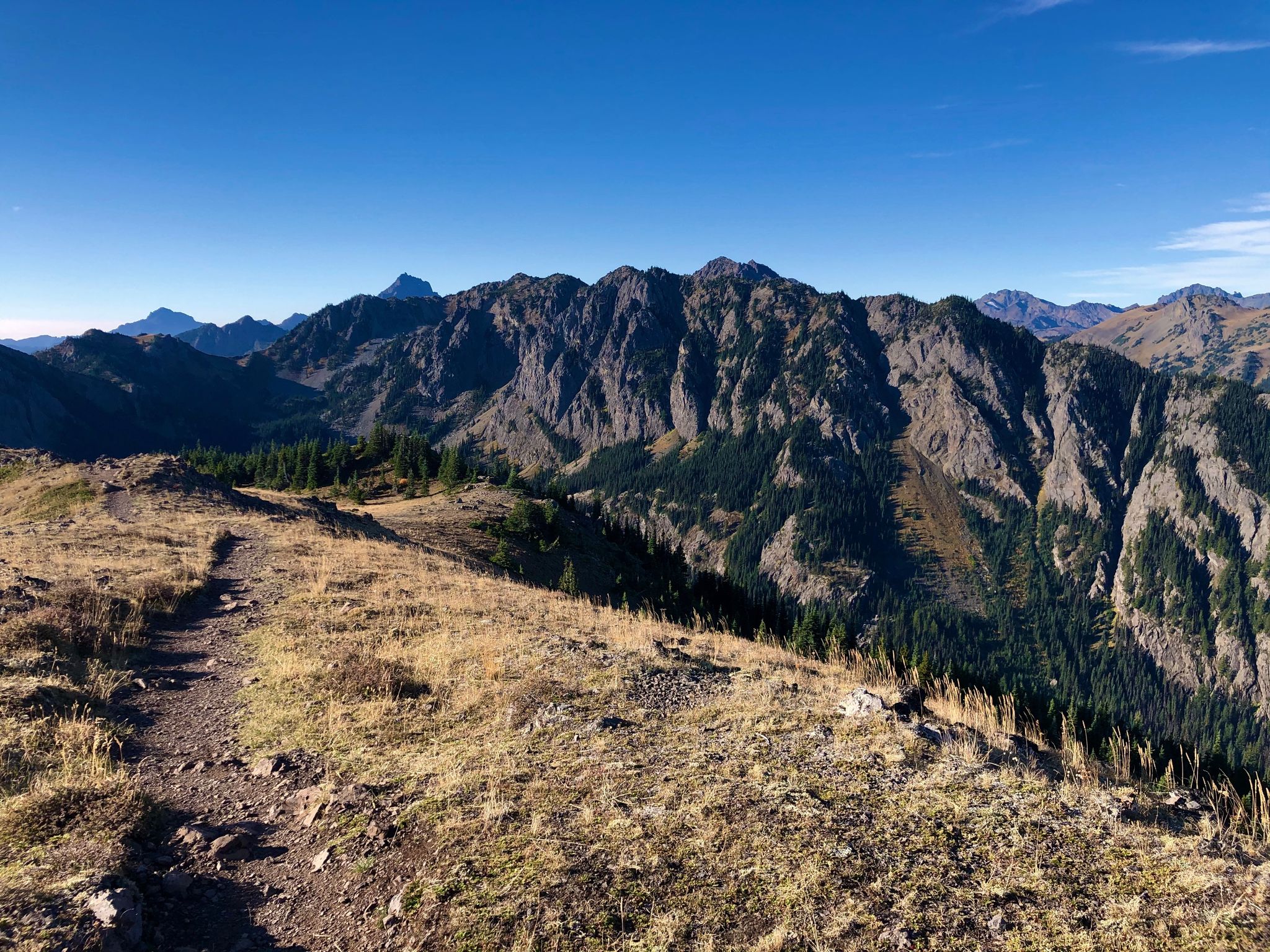 A clear day reveals a rugged mountain range and a winding path. - Mount Townsend Trail